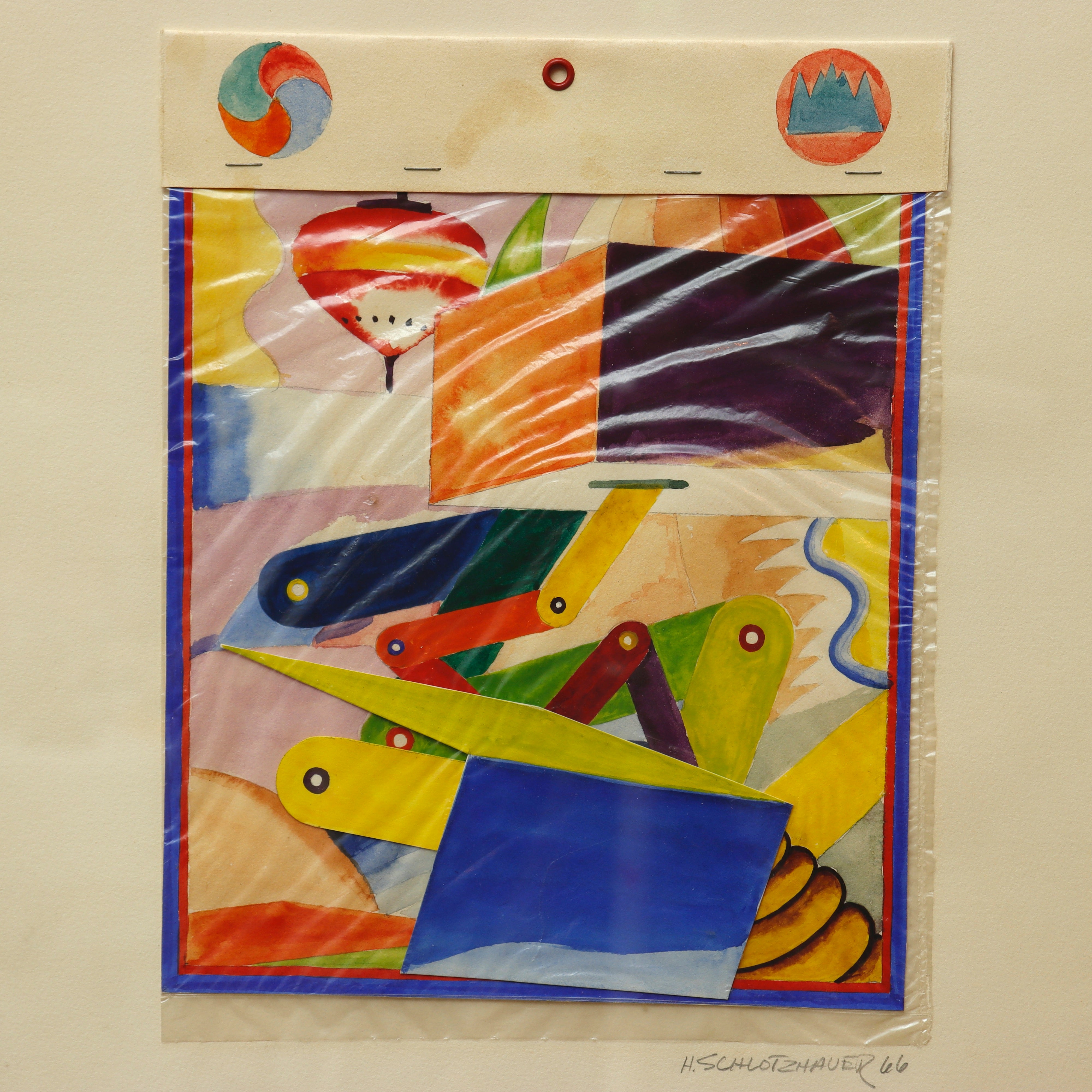 AW13-429:  HAROLD SCHLOTZHAUER - GEOMETRIC WHIMSY - MID 20TH C MIXED MEDIA