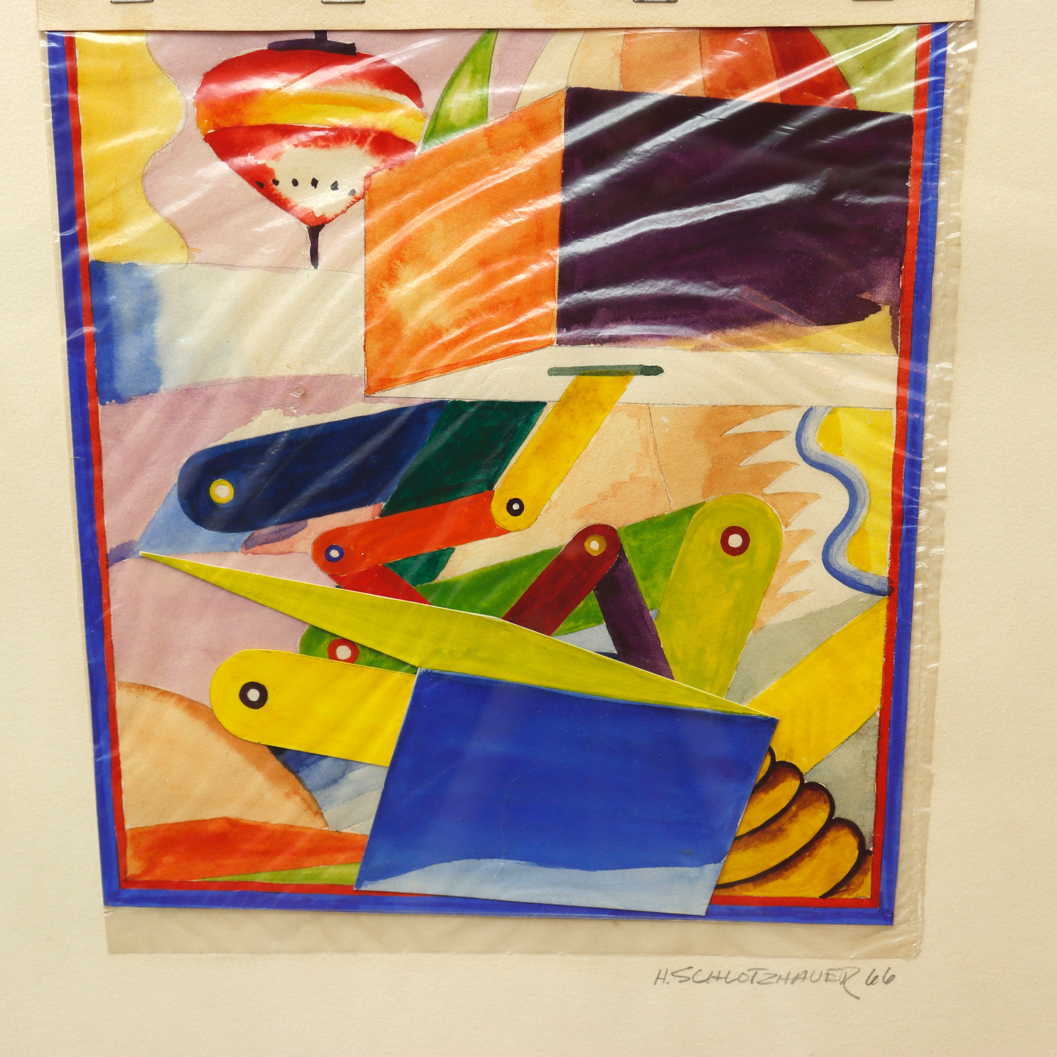 AW13-429:  HAROLD SCHLOTZHAUER - GEOMETRIC WHIMSY - MID 20TH C MIXED MEDIA