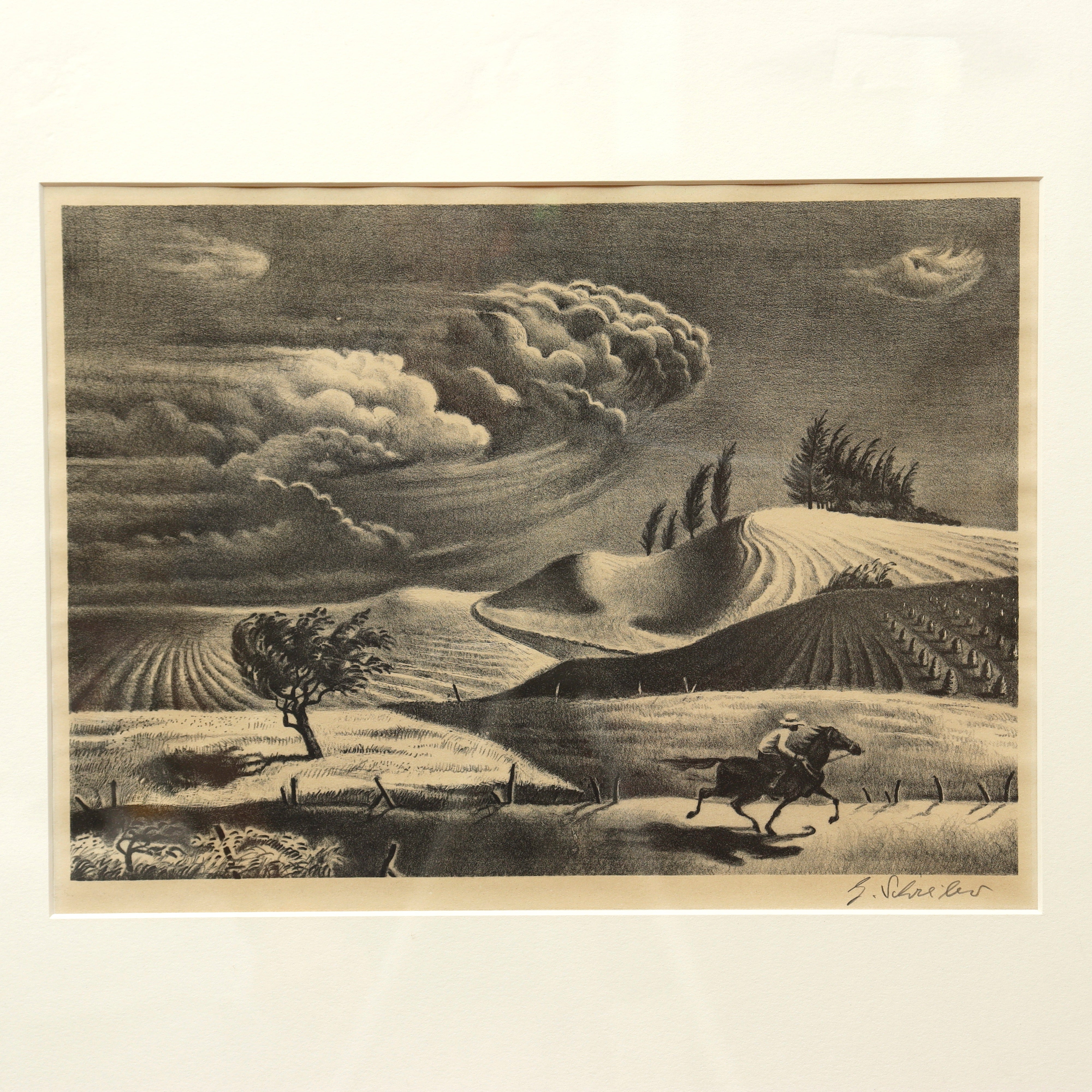 AW8-047: Georges Schreiber WPA Regionalist Artist "Racing the Storm" Lithograph Circa 1930