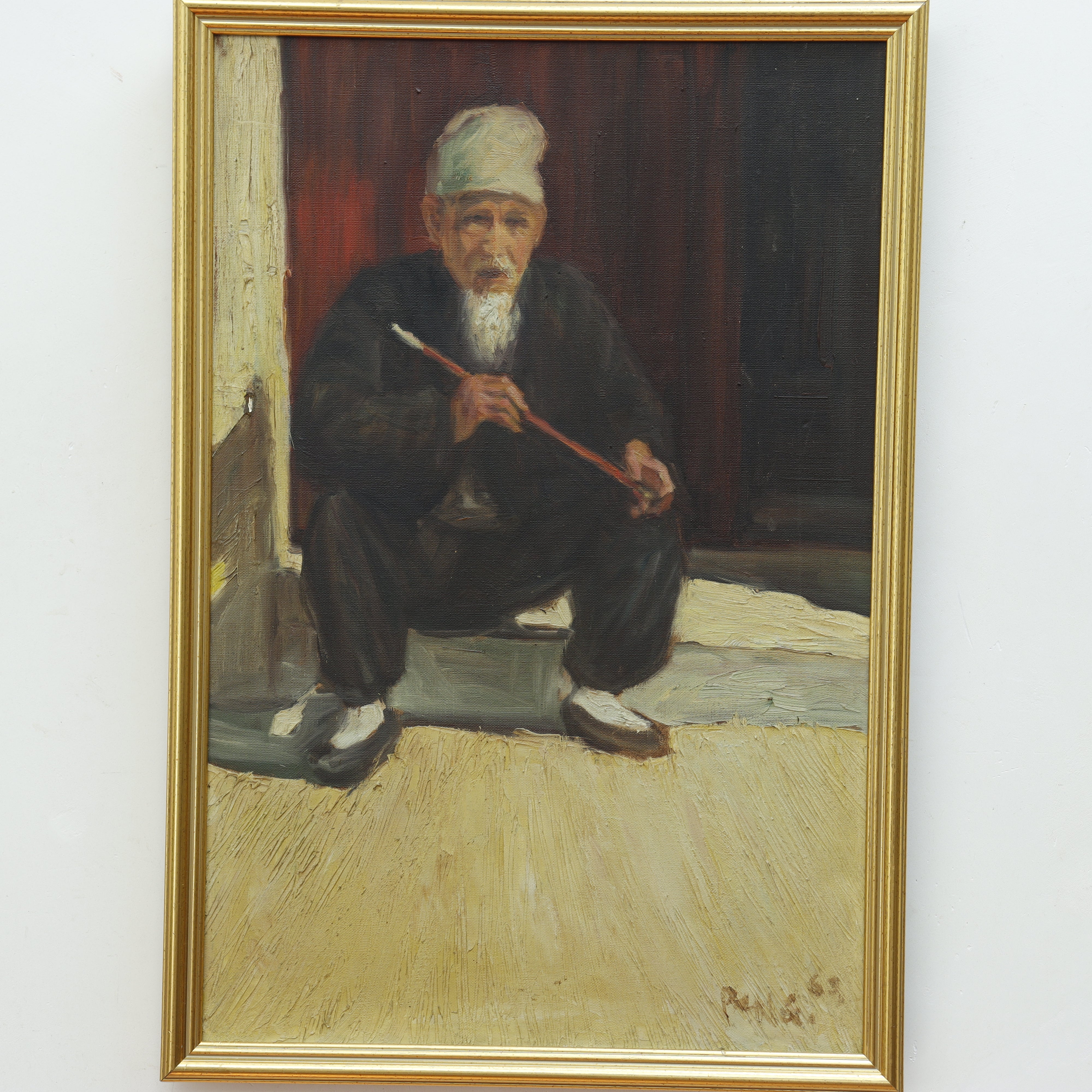 AW126: Man With Opium Pipe Signed Pam G '63 Oil on Canvas Painting