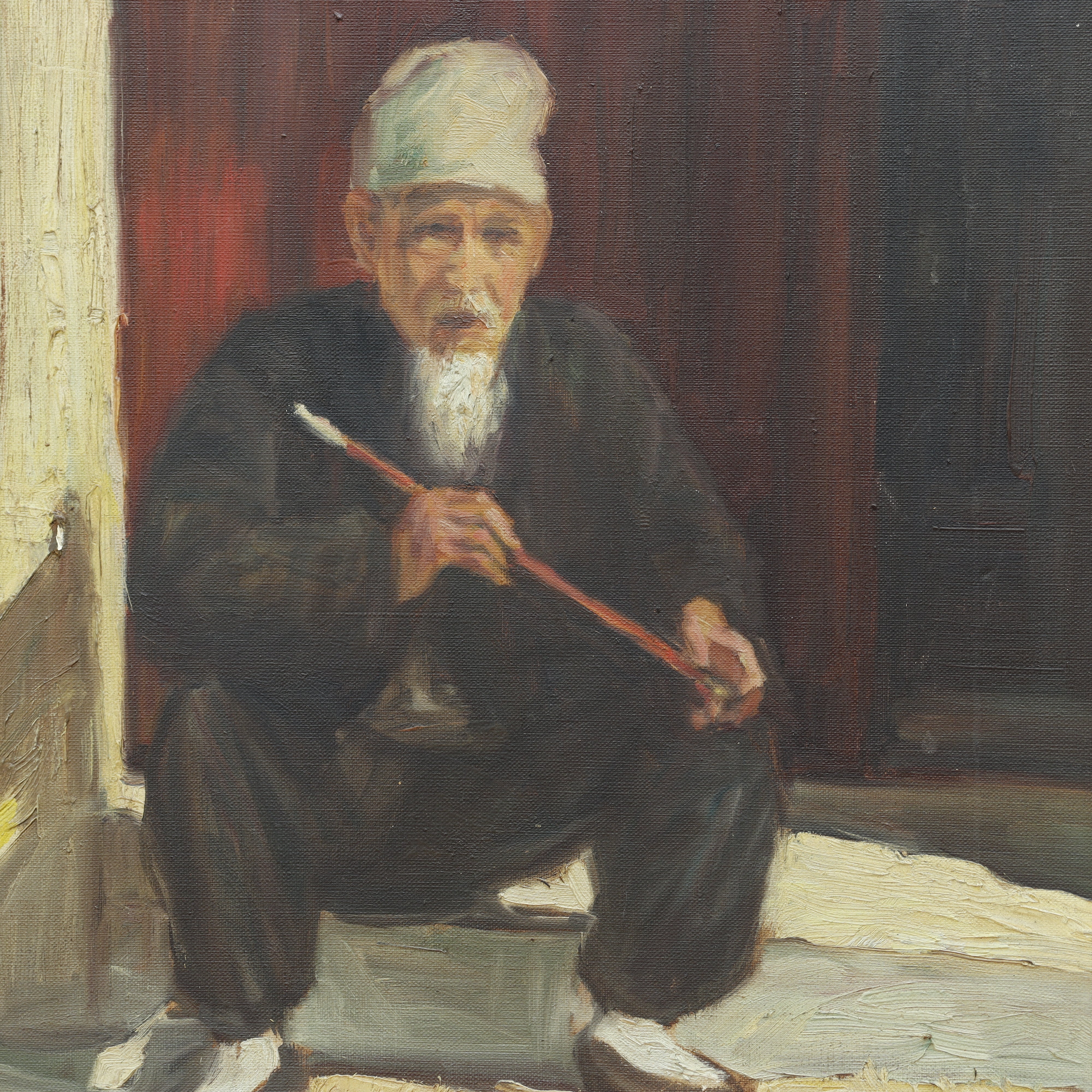 AW126: Man With Opium Pipe Signed Pam G '63 Oil on Canvas Painting