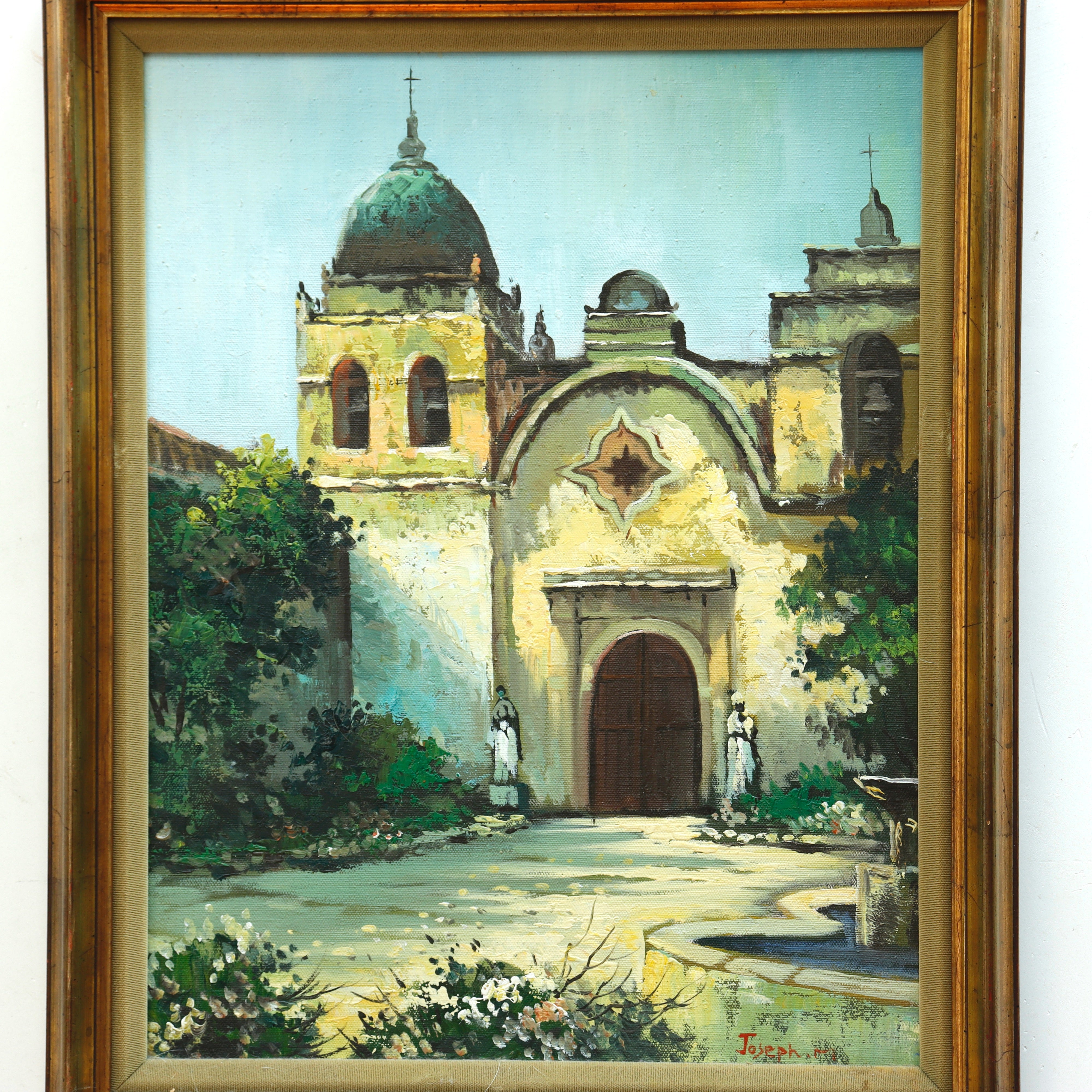 AW060: Carmel Mission Basilica Signed Joseph M Oil on Canvas
