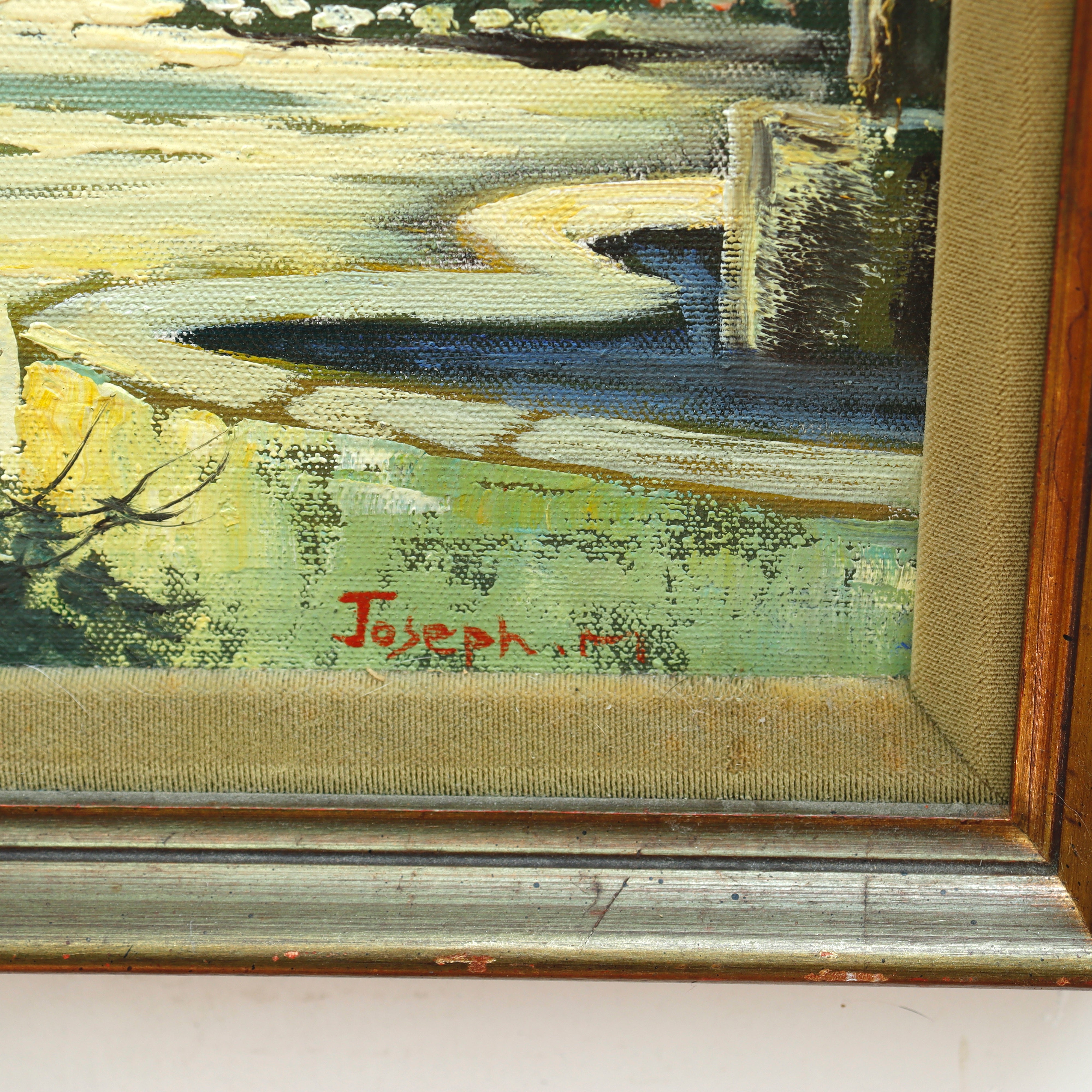 AW060: Carmel Mission Basilica Signed Joseph M Oil on Canvas