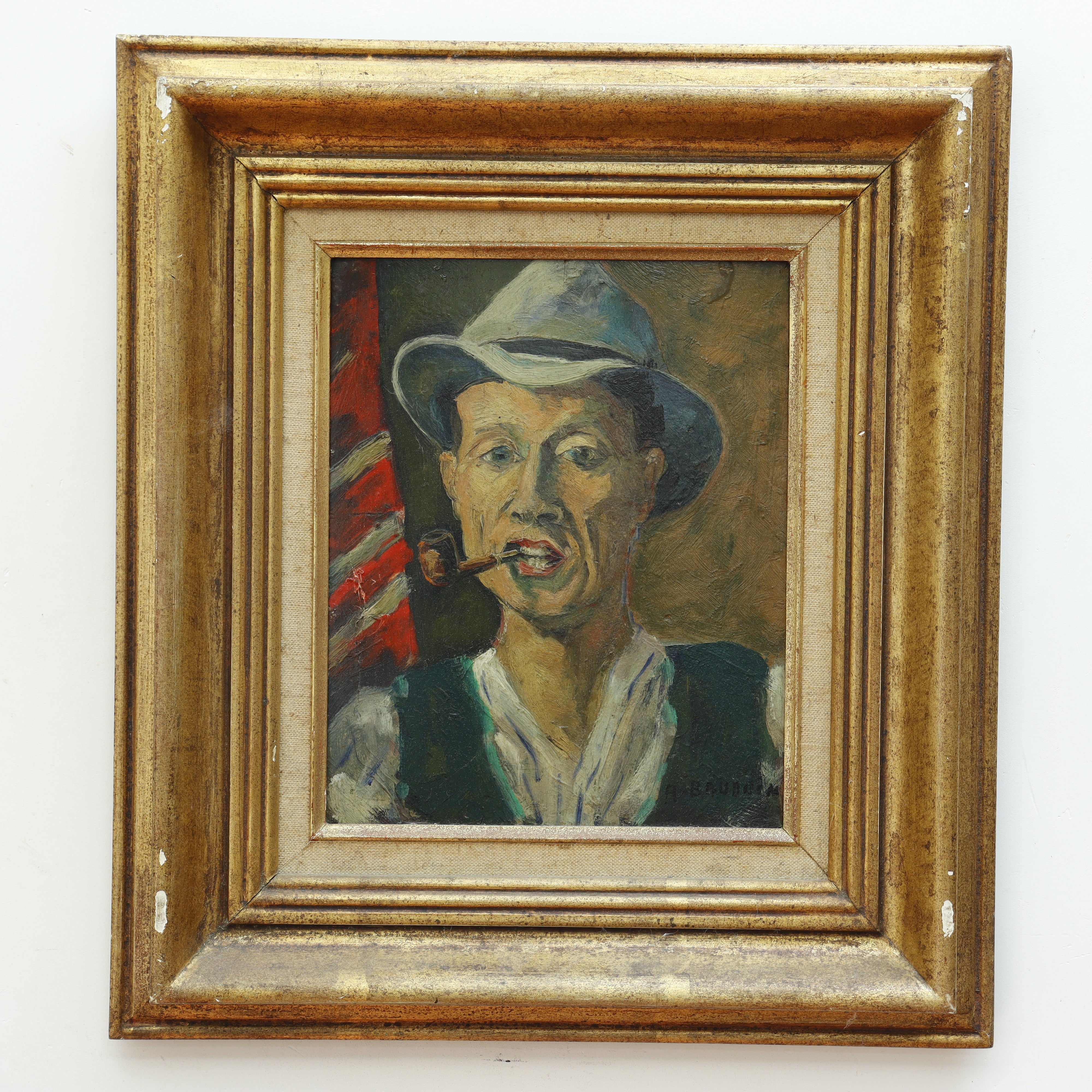 AW084: A. Bauduim French Portrait of Man Smoking Pipe Late 19th Century Oil on Board Painting