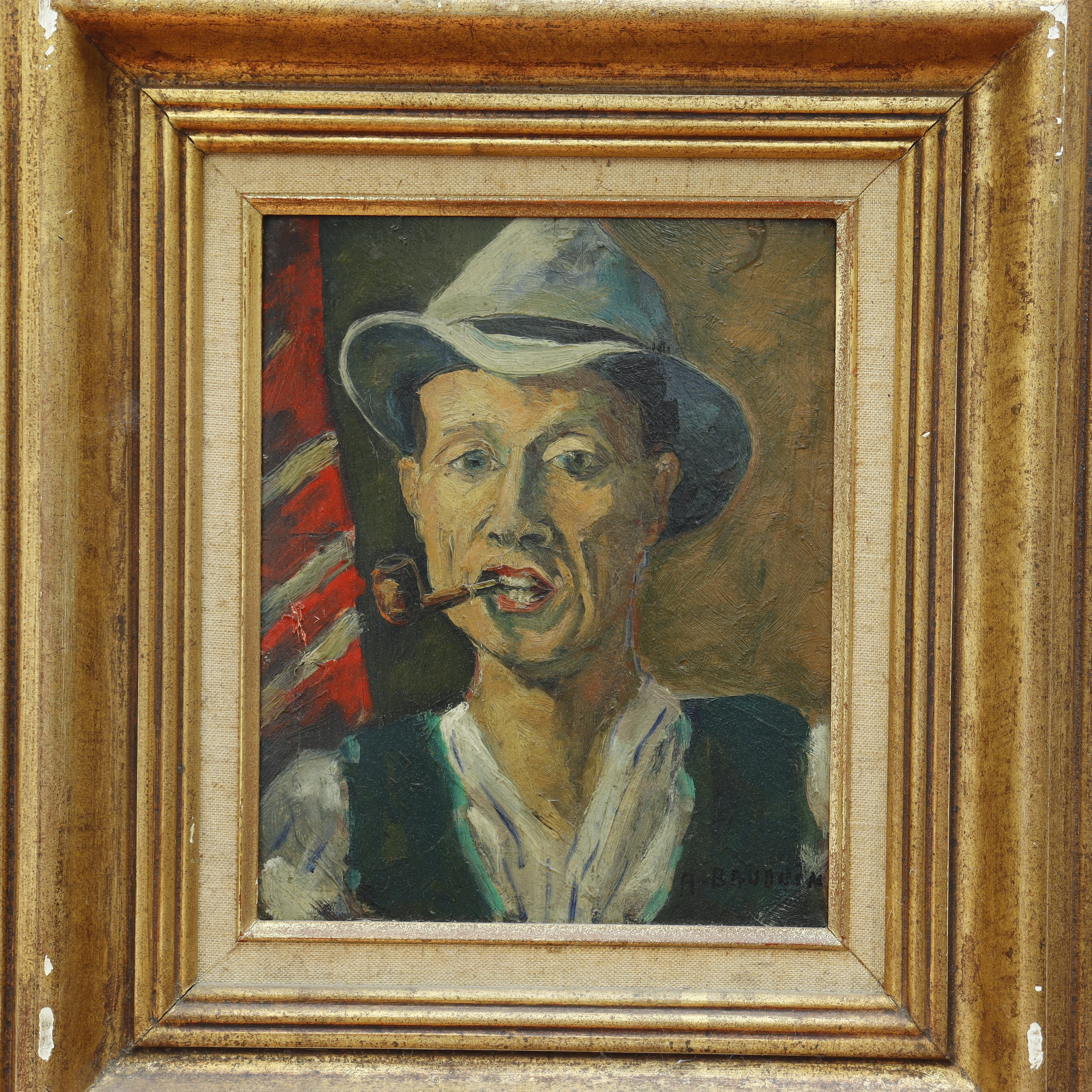 AW084: A. Bauduim French Portrait of Man Smoking Pipe Late 19th Century Oil on Board Painting