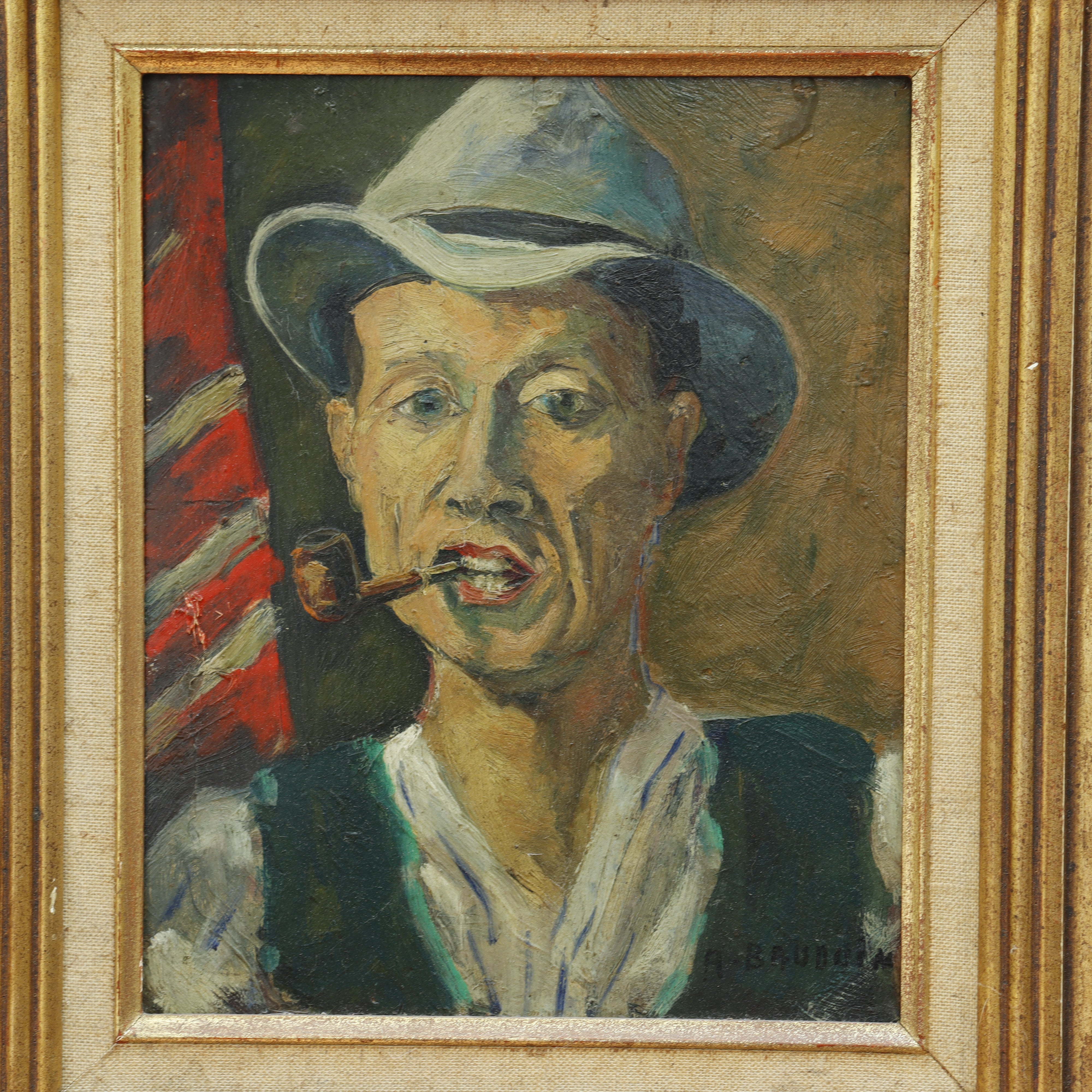 AW084: A. Bauduim French Portrait of Man Smoking Pipe Late 19th Century Oil on Board Painting