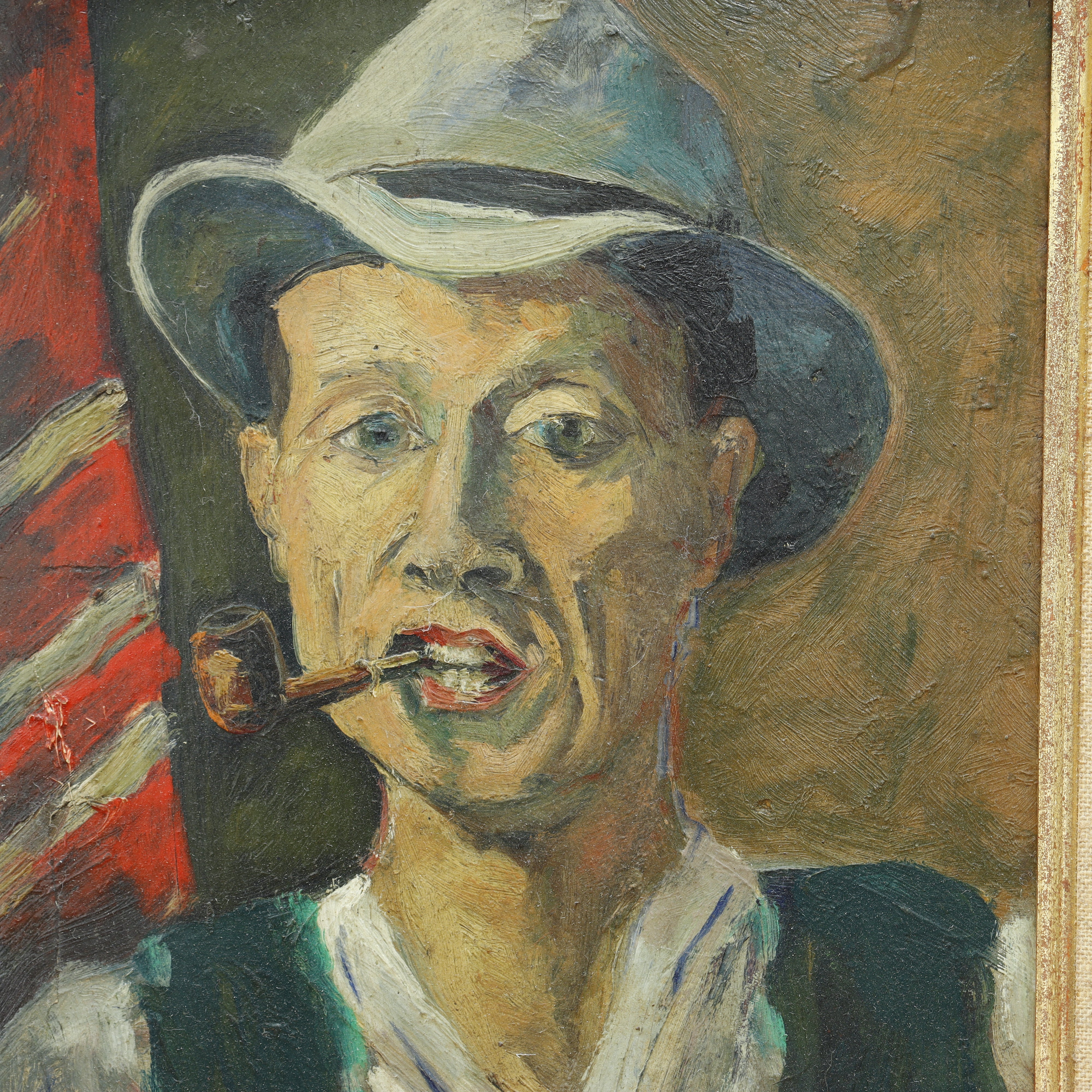 AW084: A. Bauduim French Portrait of Man Smoking Pipe Late 19th Century Oil on Board Painting
