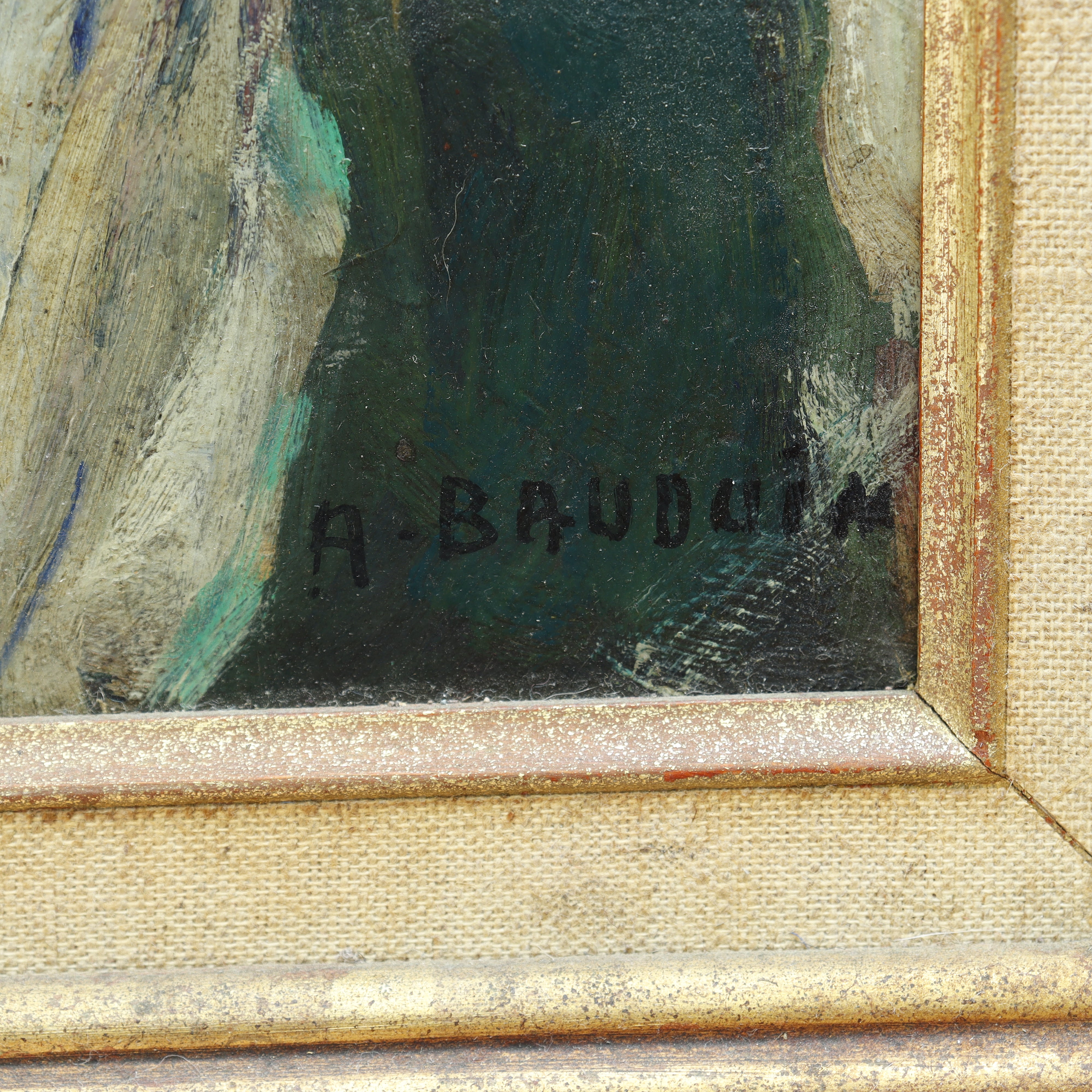 AW084: A. Bauduim French Portrait of Man Smoking Pipe Late 19th Century Oil on Board Painting