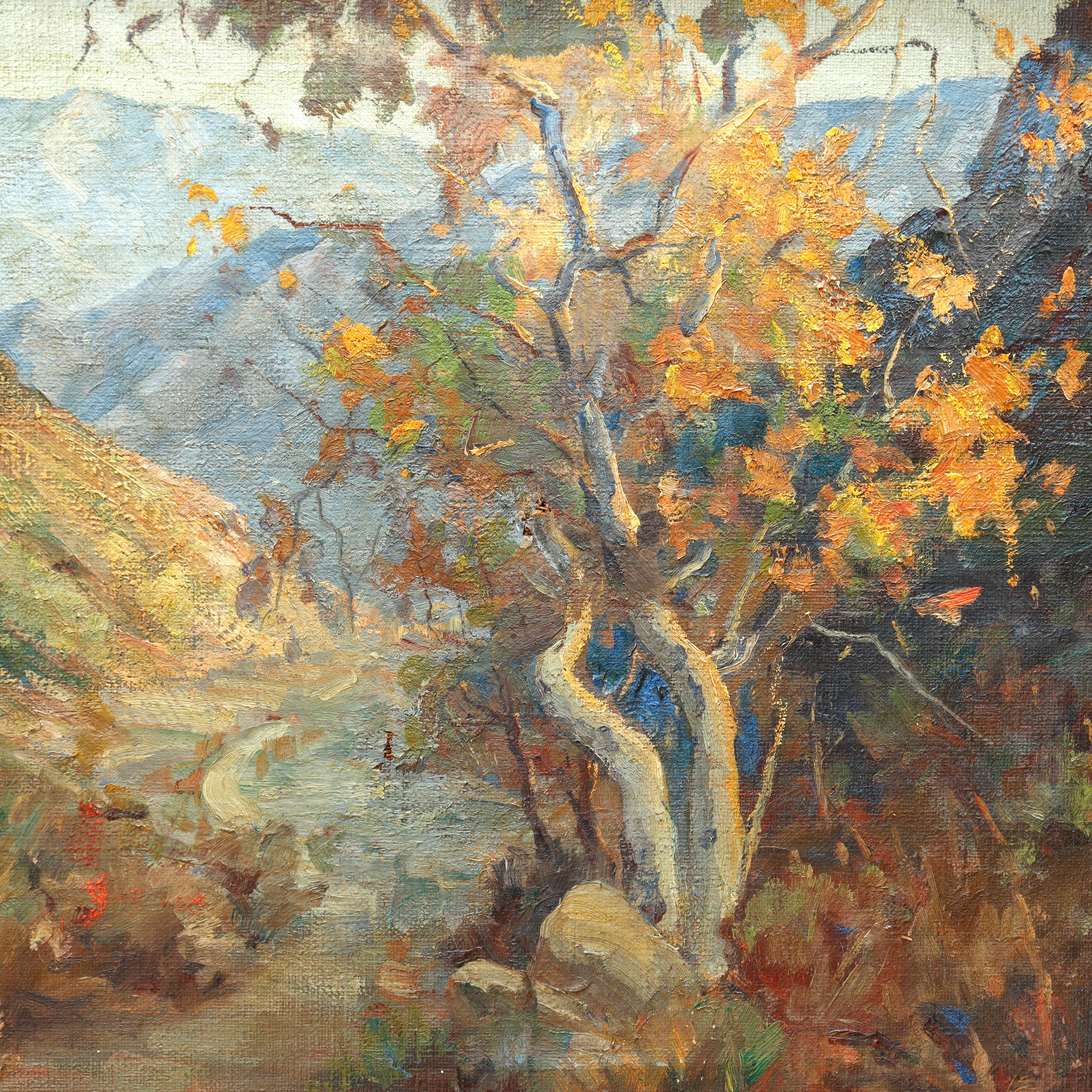 AW982: California Impressionist Autumn Foothills Oil on Canvas Painting Circa 1920's