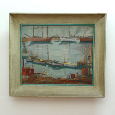 American School Modernist Harbor Scene Oil on Canvas | Work of Man