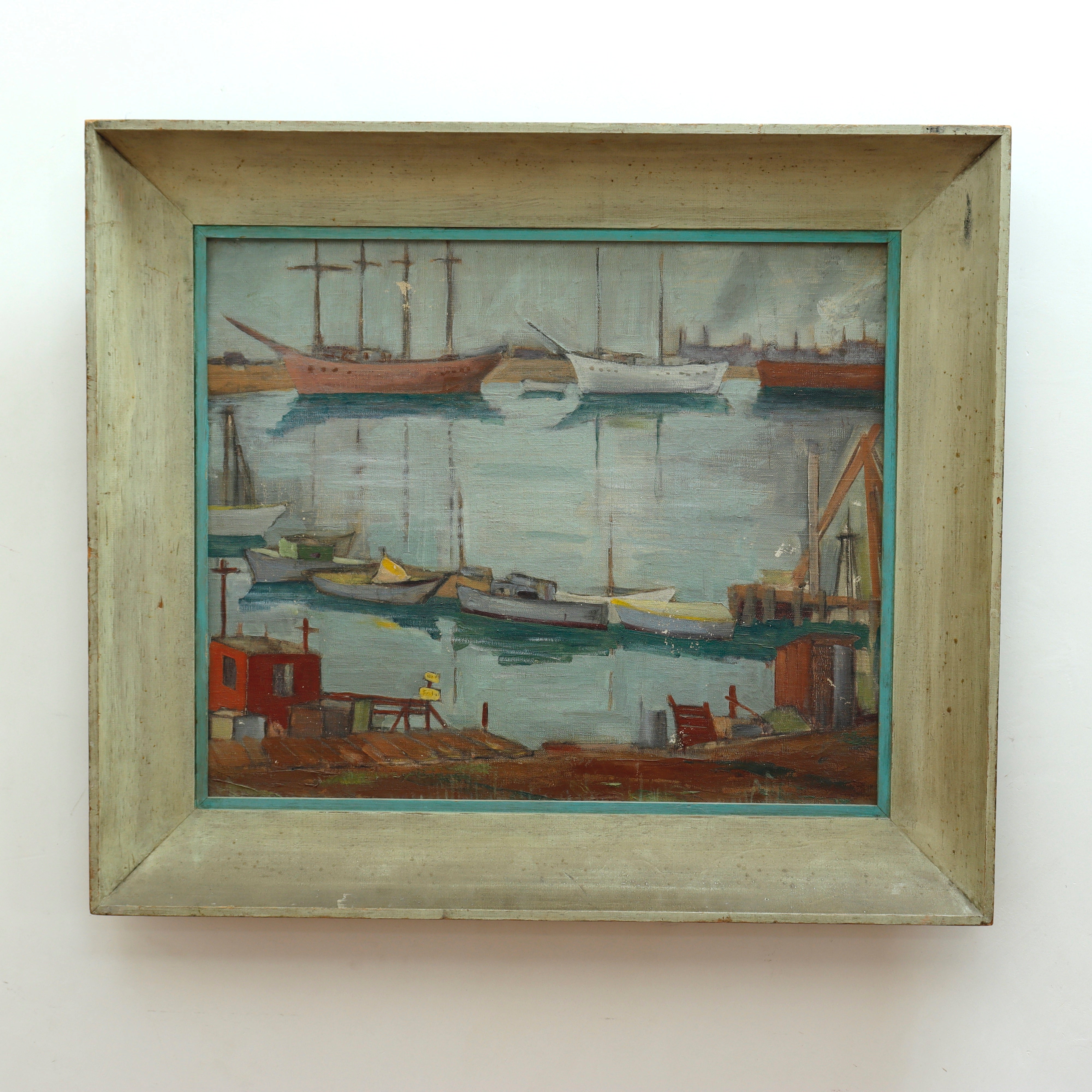 American School Modernist Harbor Scene Oil on Canvas | Work of Man