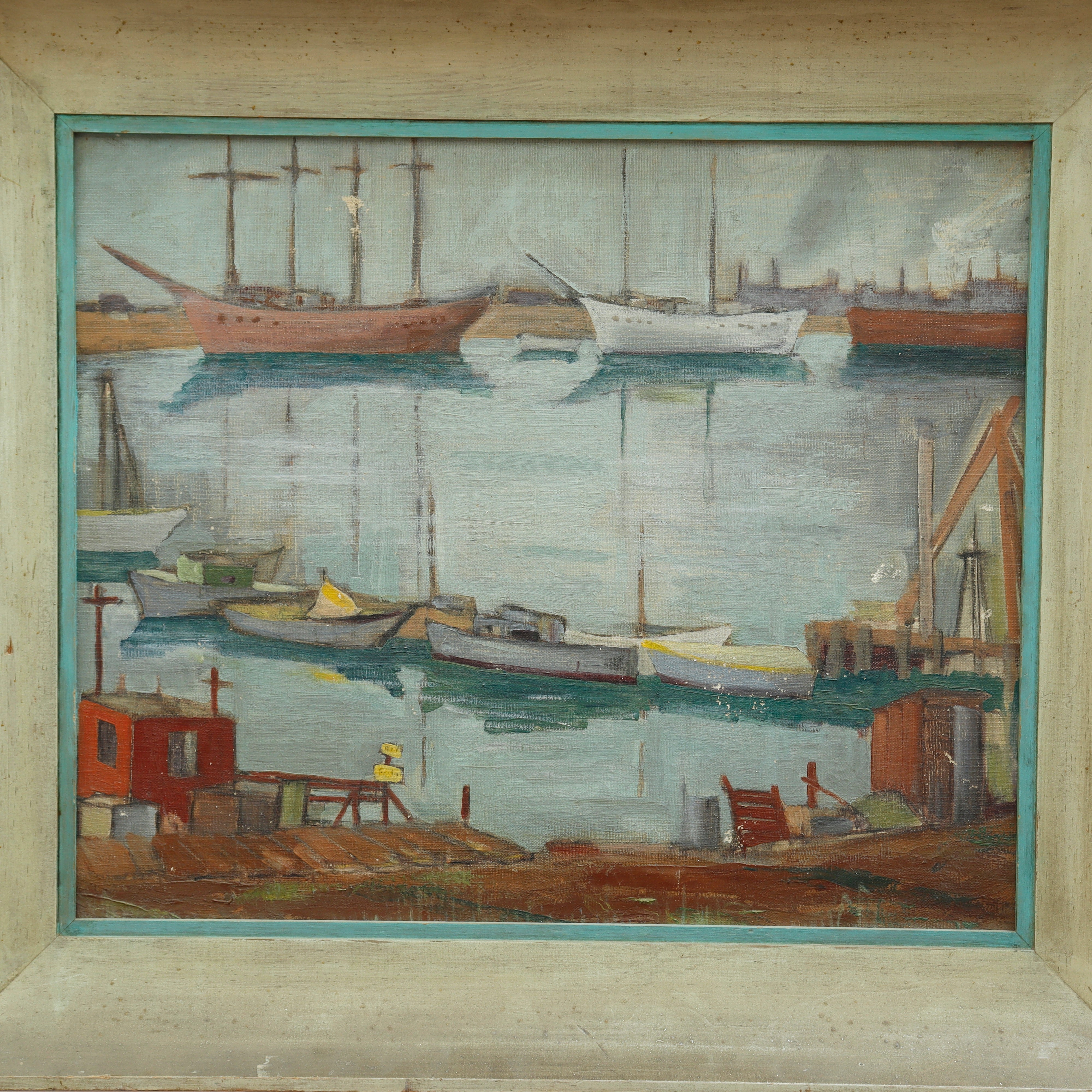 AW055: American School Modernist Harbor Scene Oil on Canvas