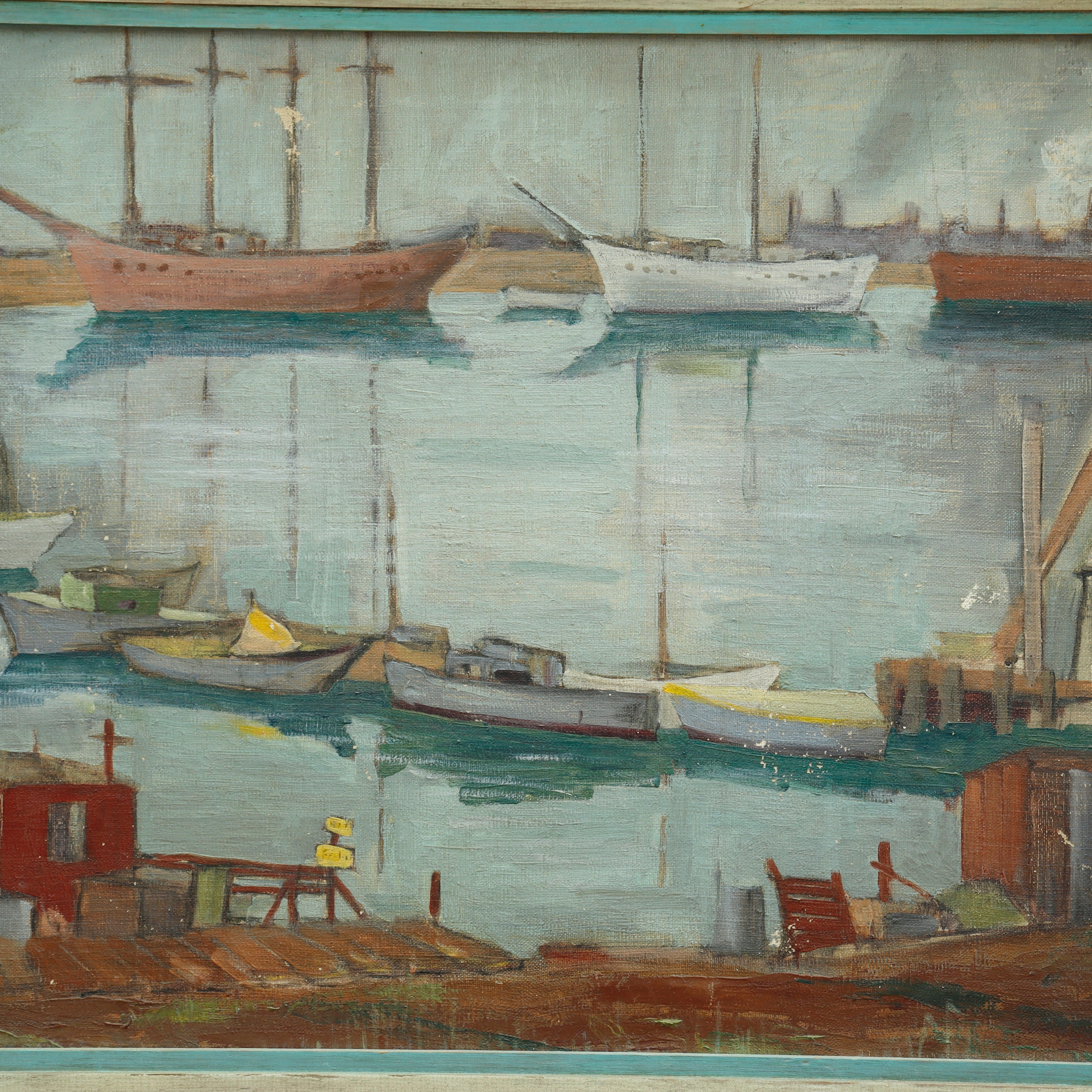 AW055: American School Modernist Harbor Scene Oil on Canvas