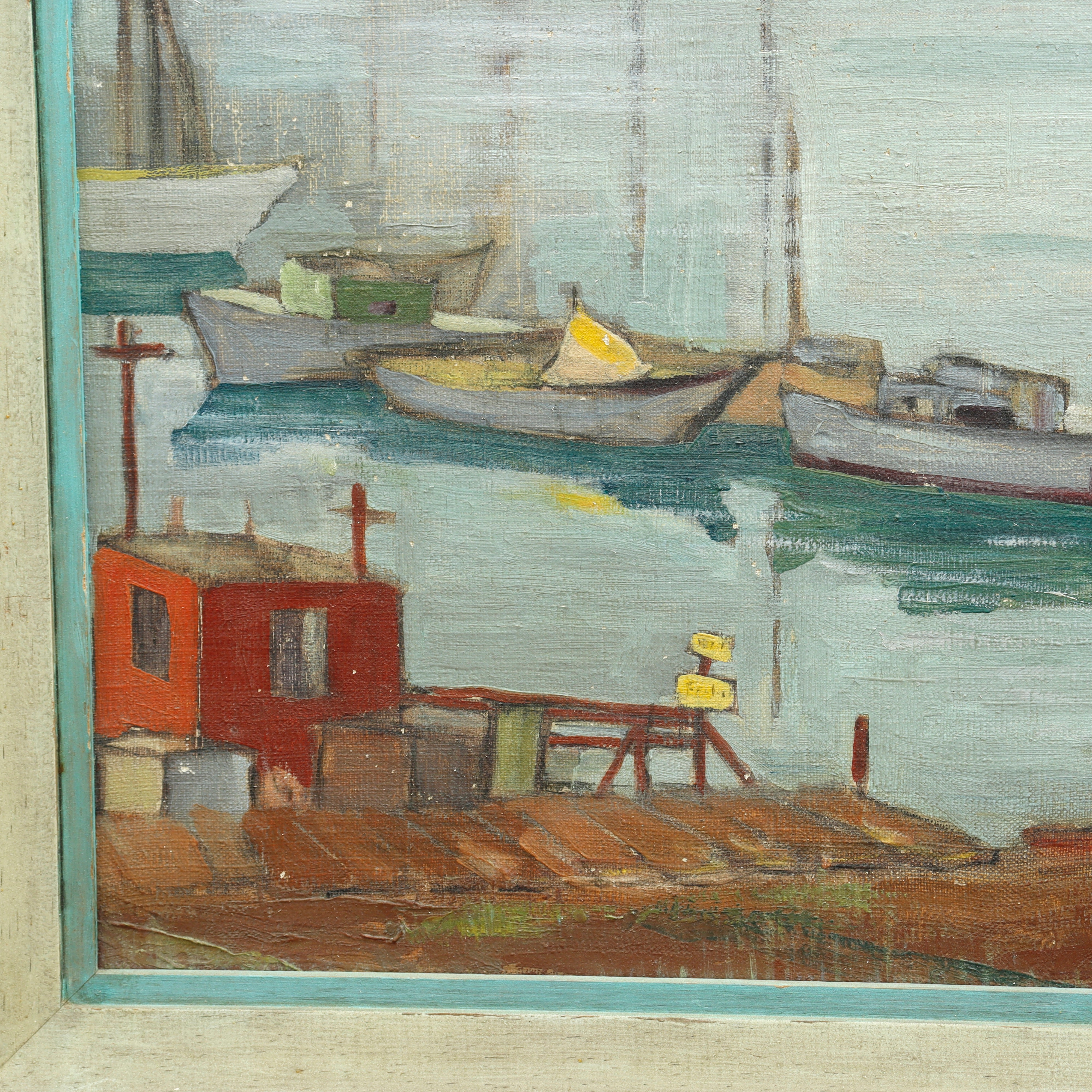 AW055: American School Modernist Harbor Scene Oil on Canvas