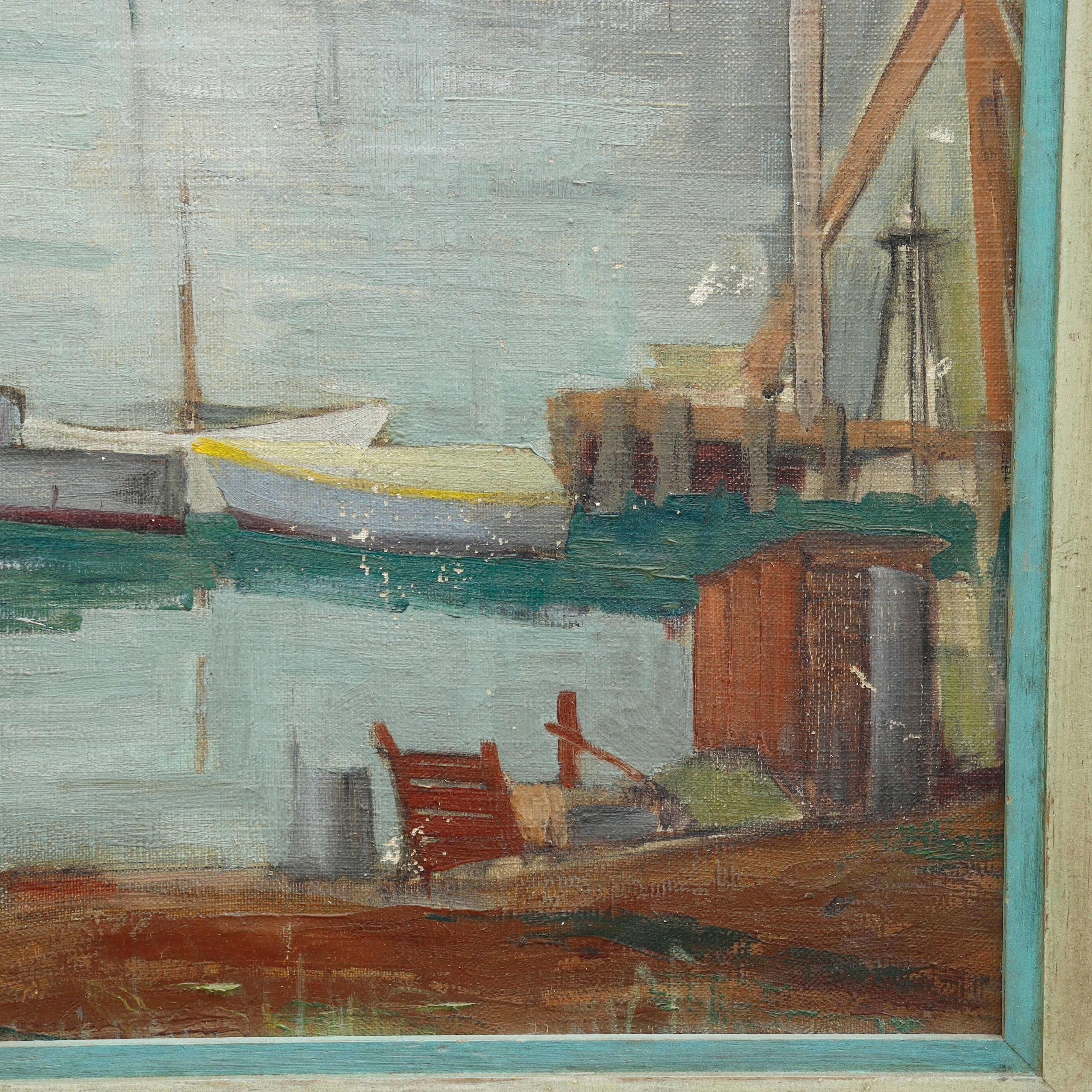 AW055: American School Modernist Harbor Scene Oil on Canvas