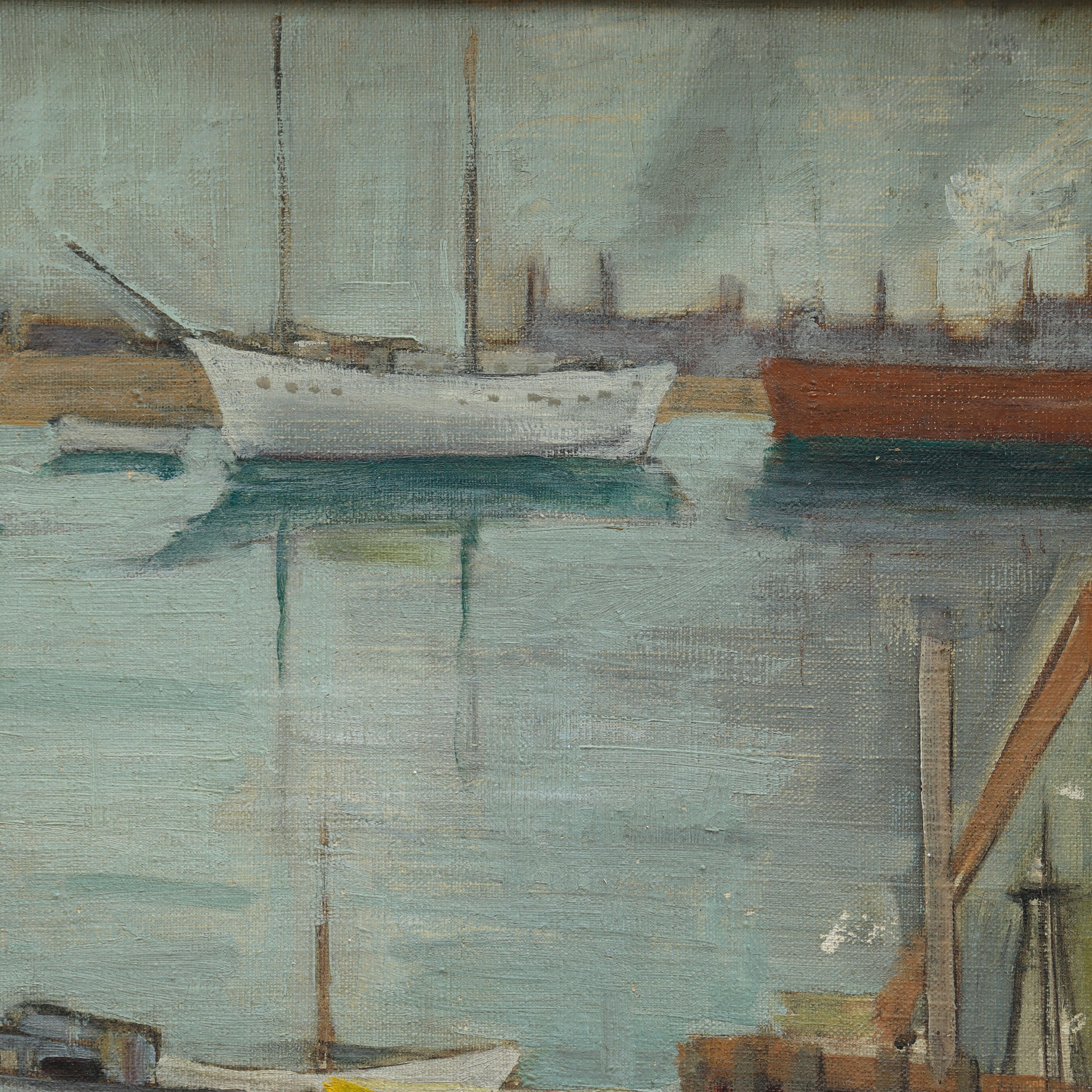 AW055: American School Modernist Harbor Scene Oil on Canvas