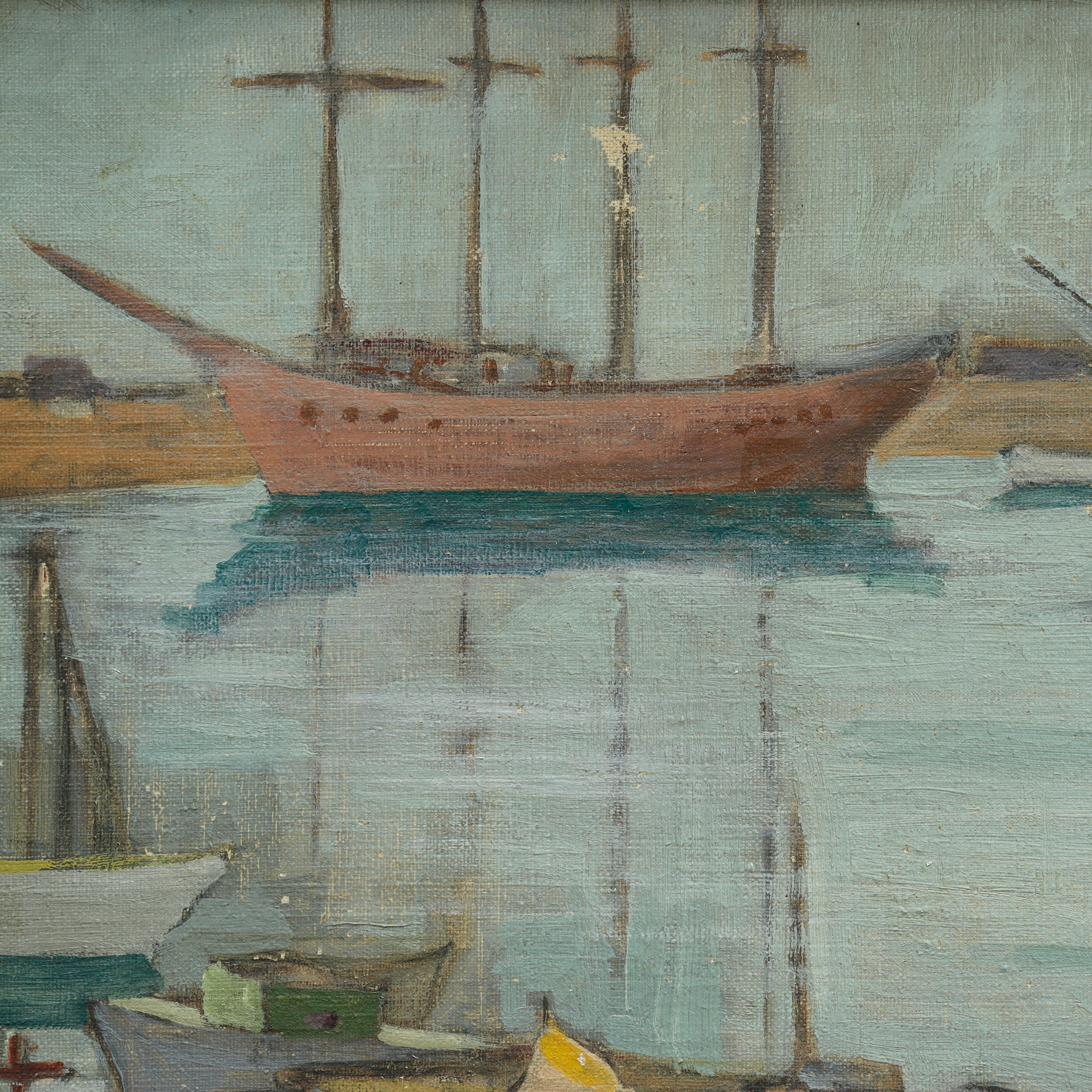 AW055: American School Modernist Harbor Scene Oil on Canvas