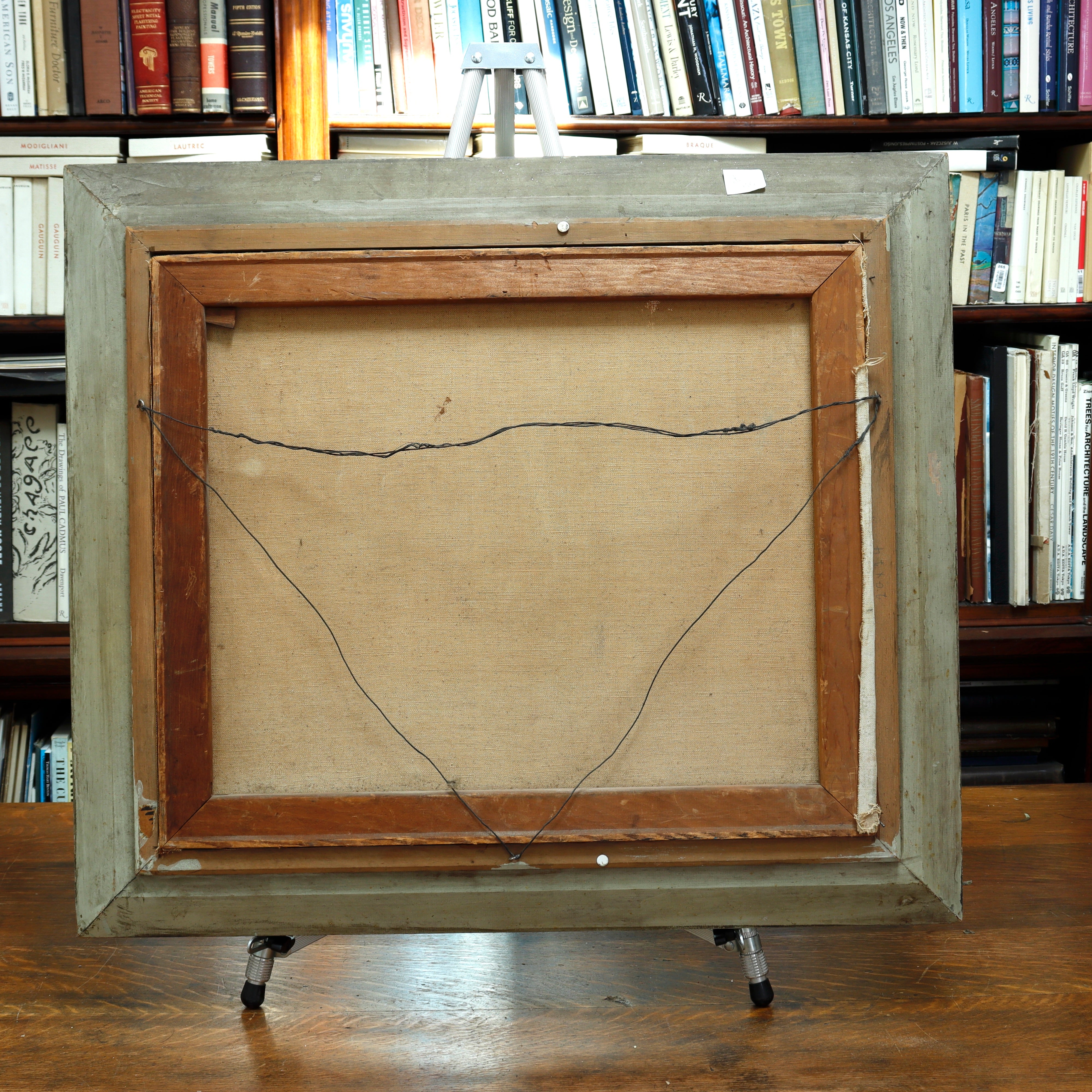 AW055: American School Modernist Harbor Scene Oil on Canvas