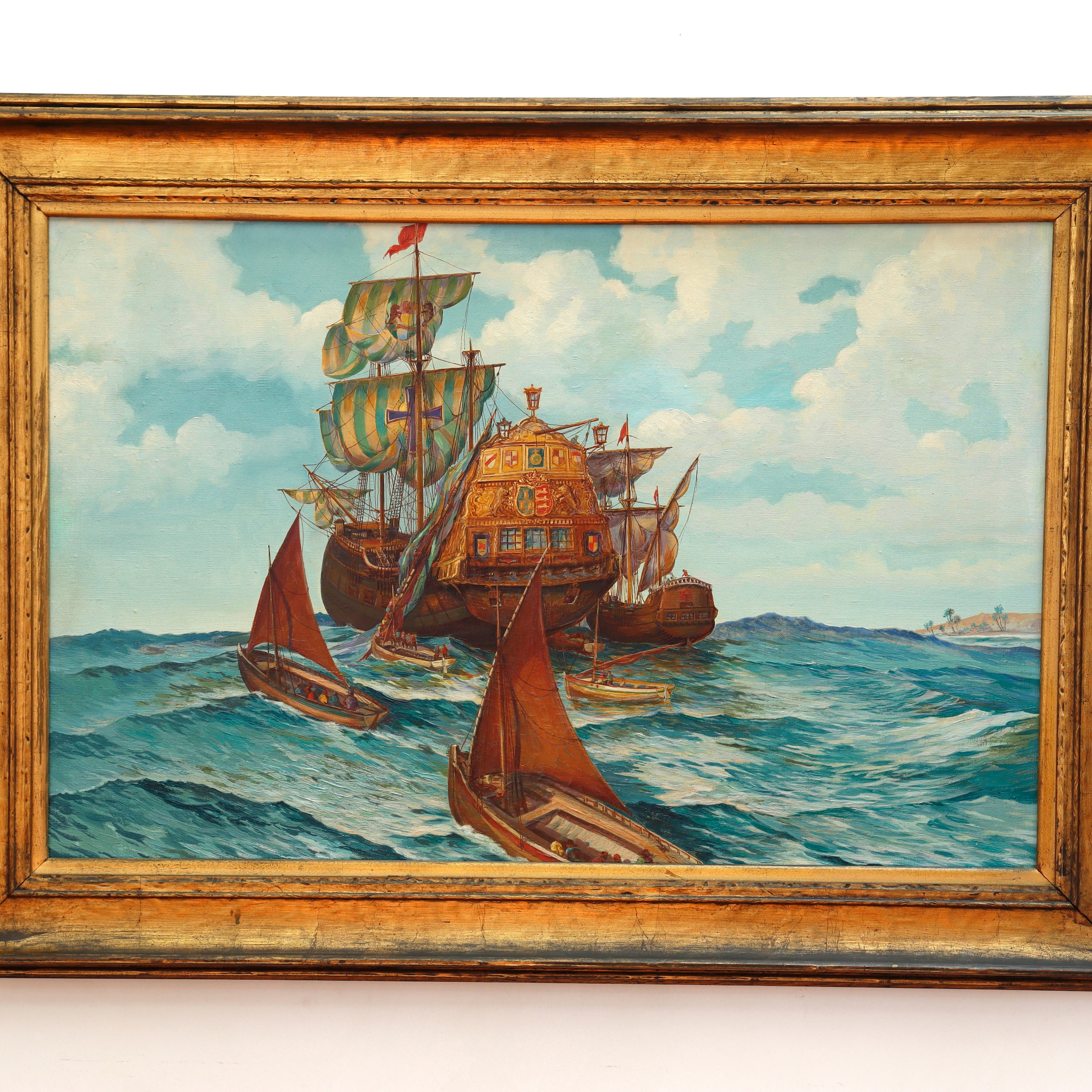AW090: Maurice George Logan Spanish Galleon Circa 1920's Oil on Canvas Painting