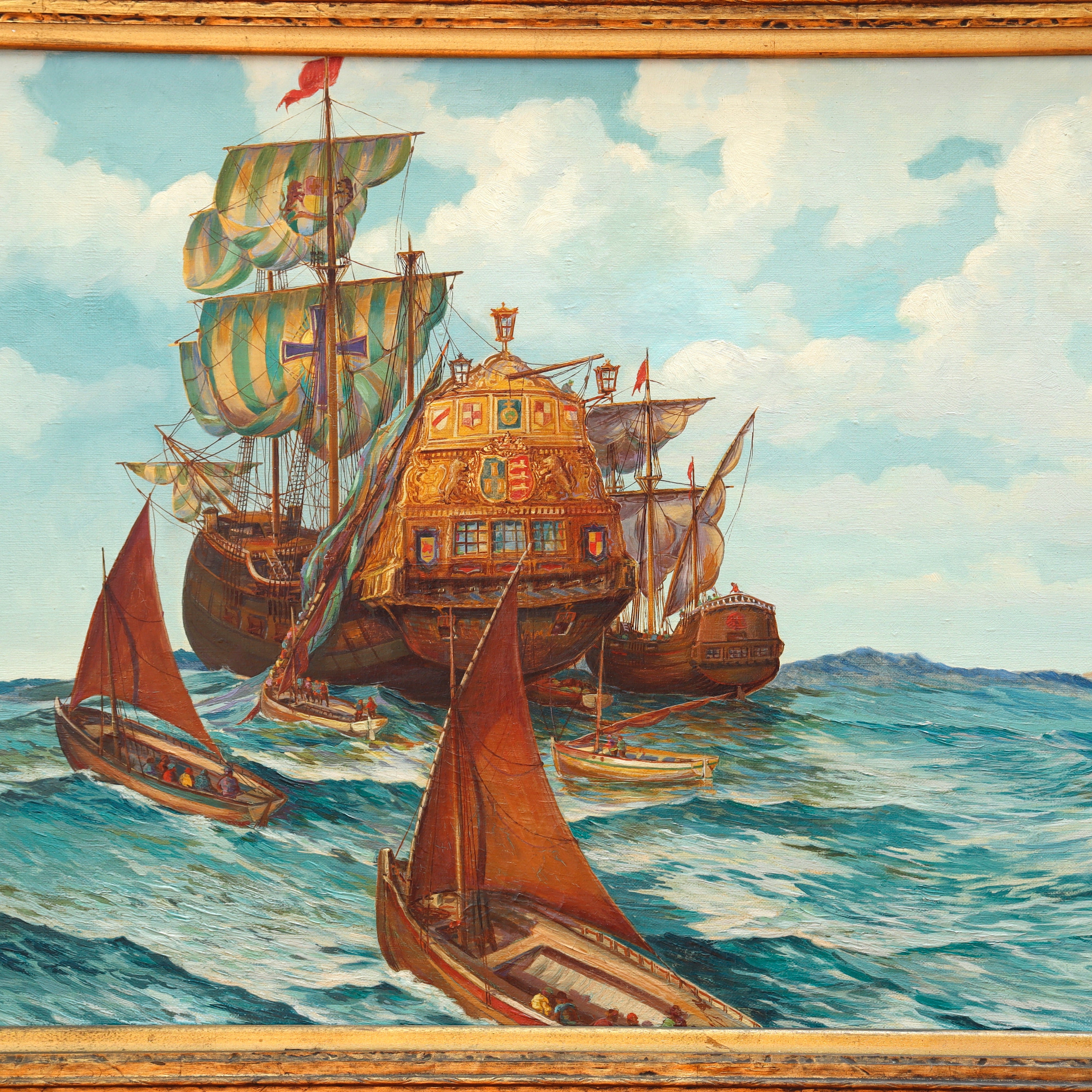 AW090: Maurice George Logan Spanish Galleon Circa 1920's Oil on Canvas Painting