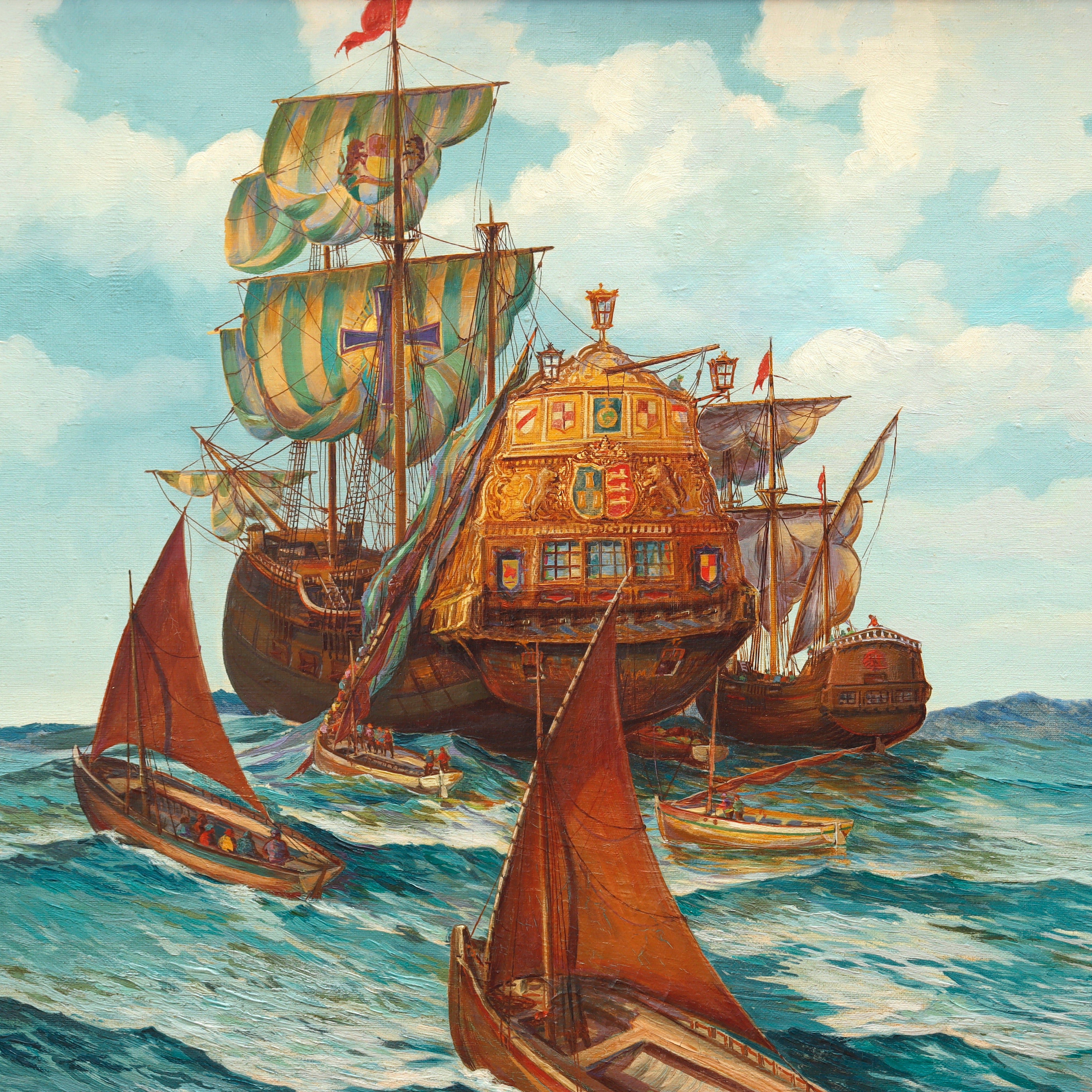 AW090: Maurice George Logan Spanish Galleon Circa 1920's Oil on Canvas Painting
