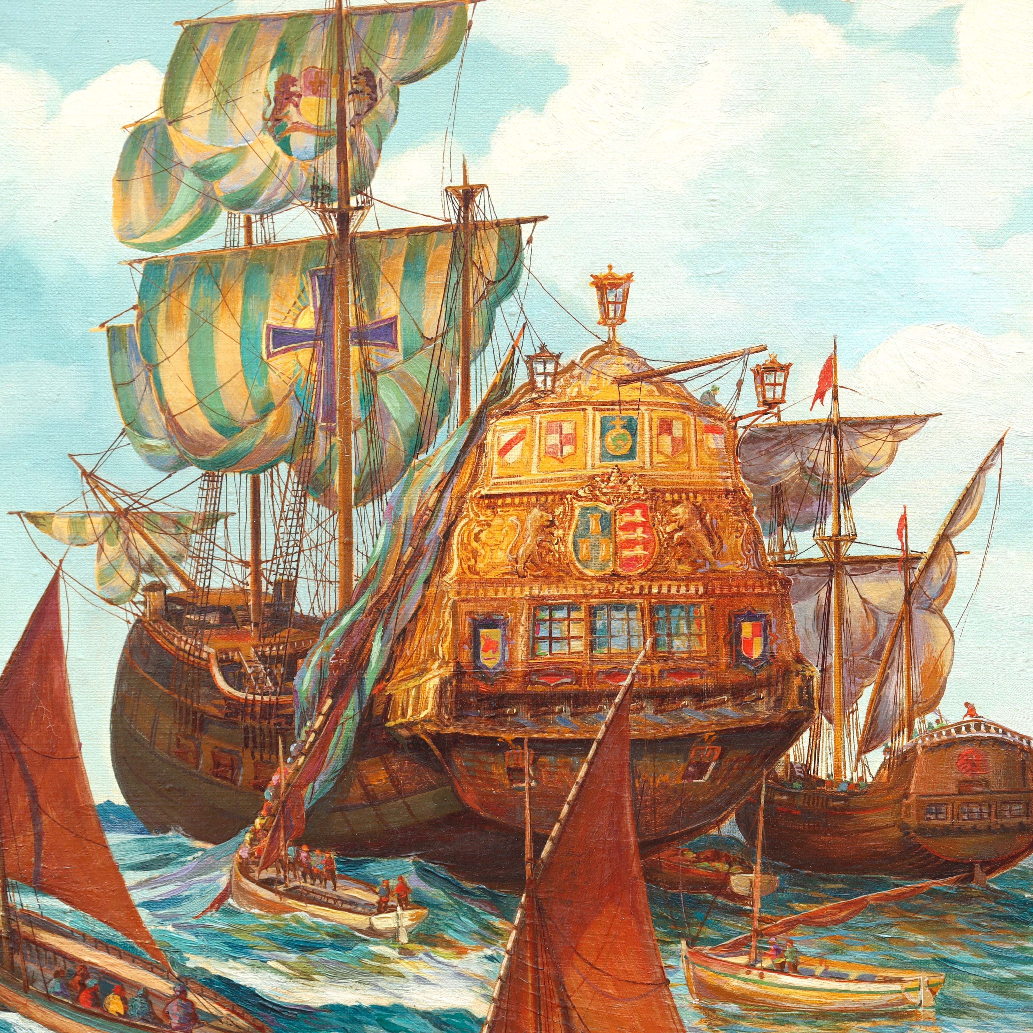 AW090: Maurice George Logan Spanish Galleon Circa 1920's Oil on Canvas Painting