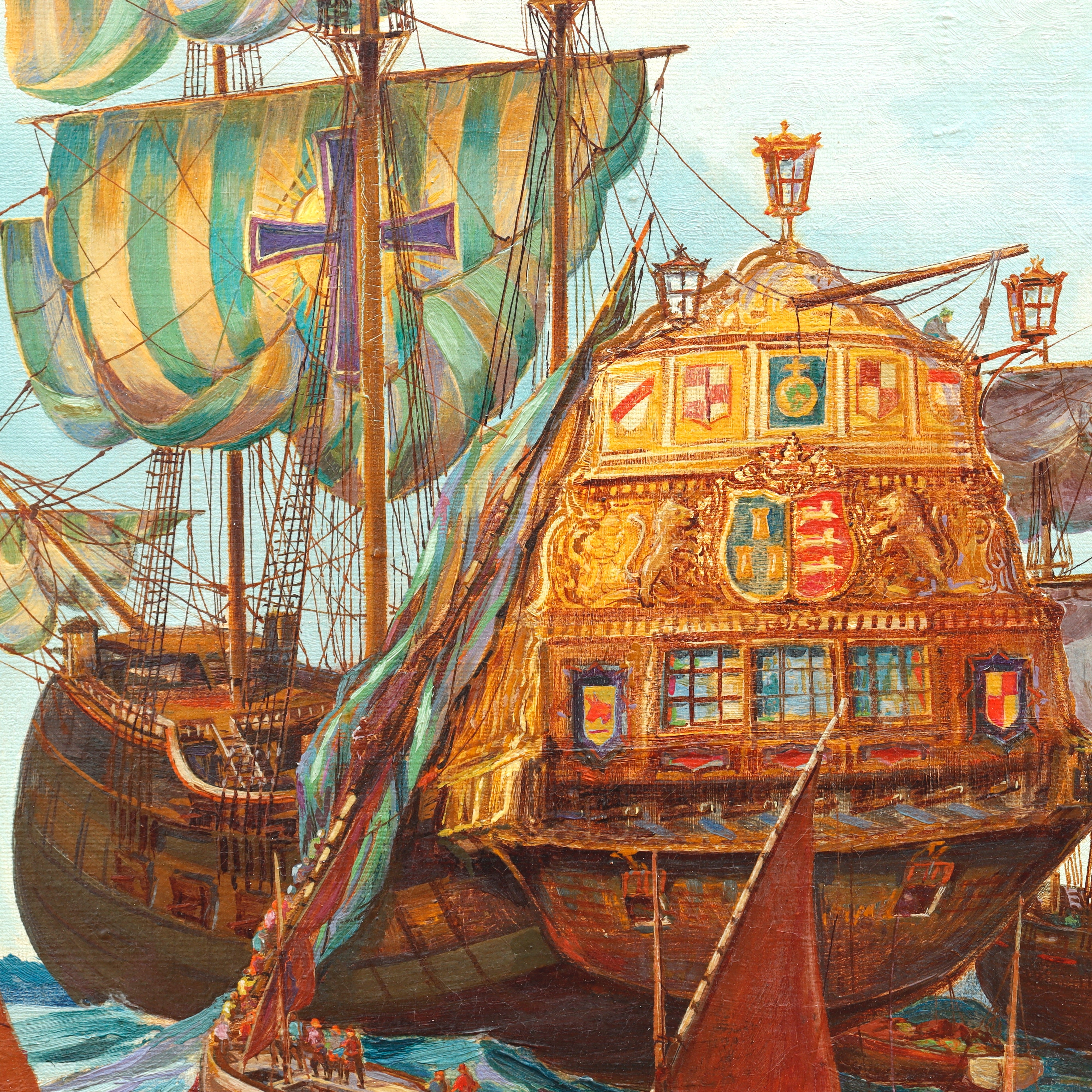 AW090: Maurice George Logan Spanish Galleon Circa 1920's Oil on Canvas Painting
