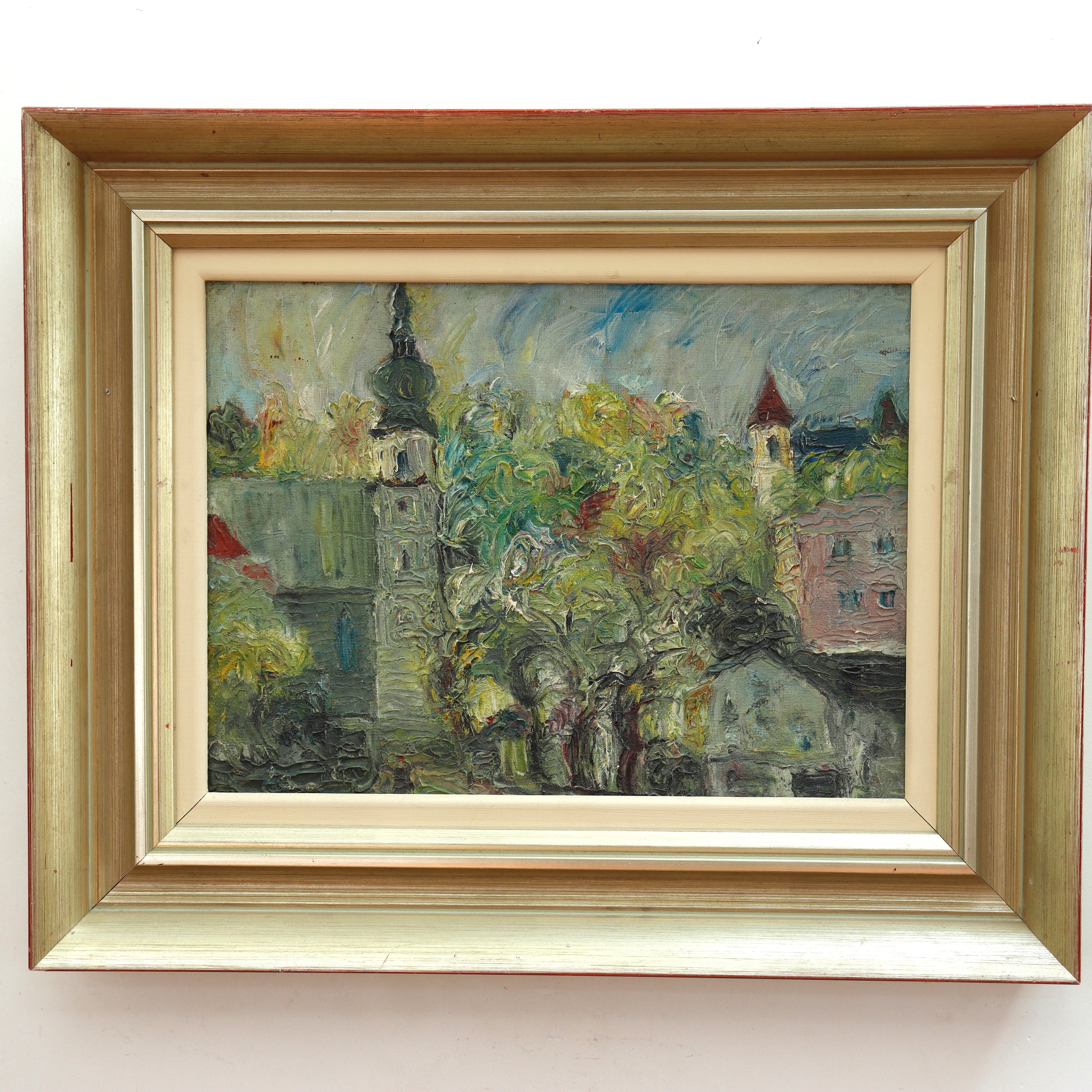 AW091: Georg Sliwka Impressionist European Village Oil on Board Painting Late 19th Century