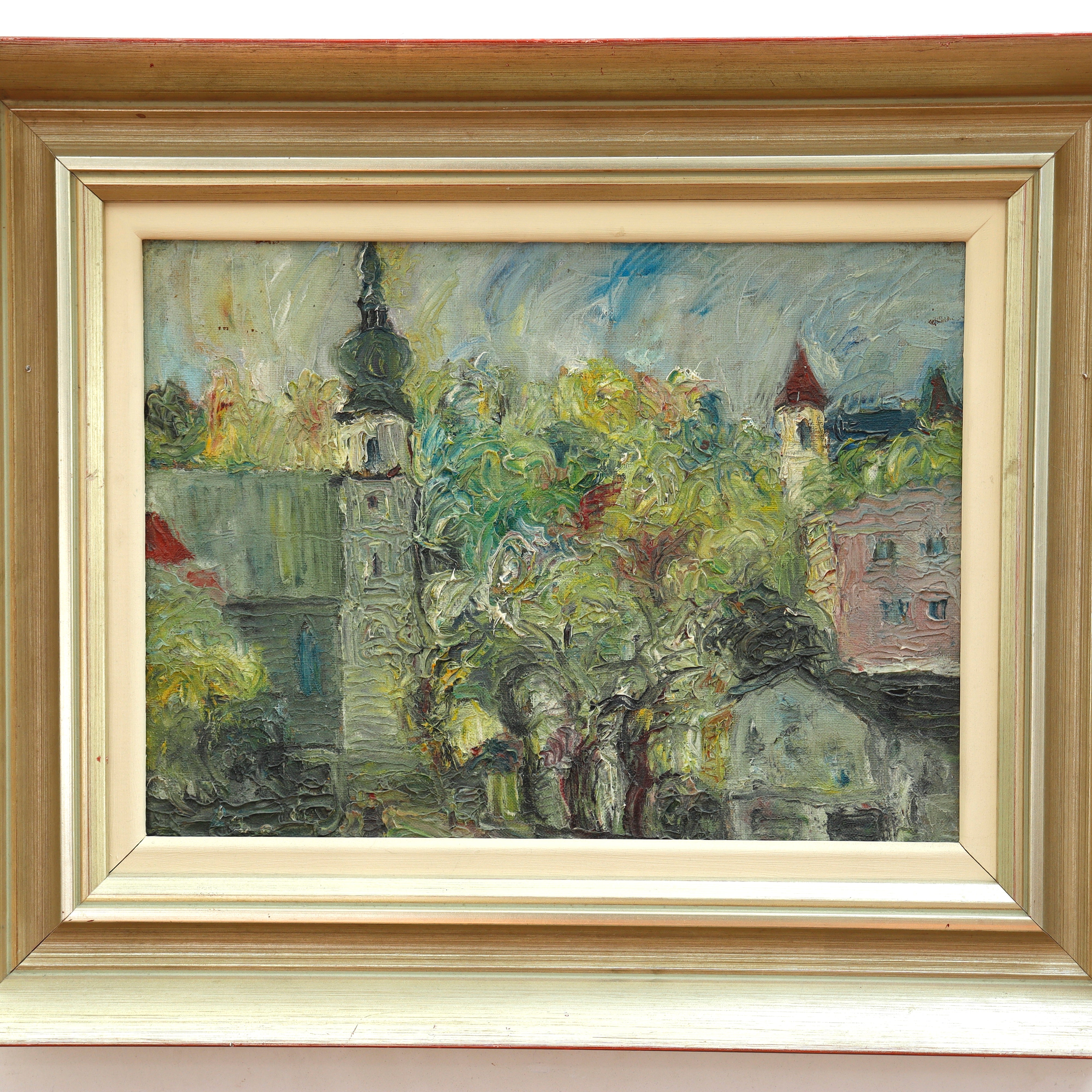 AW091: Georg Sliwka Impressionist European Village Oil on Board Painting Late 19th Century