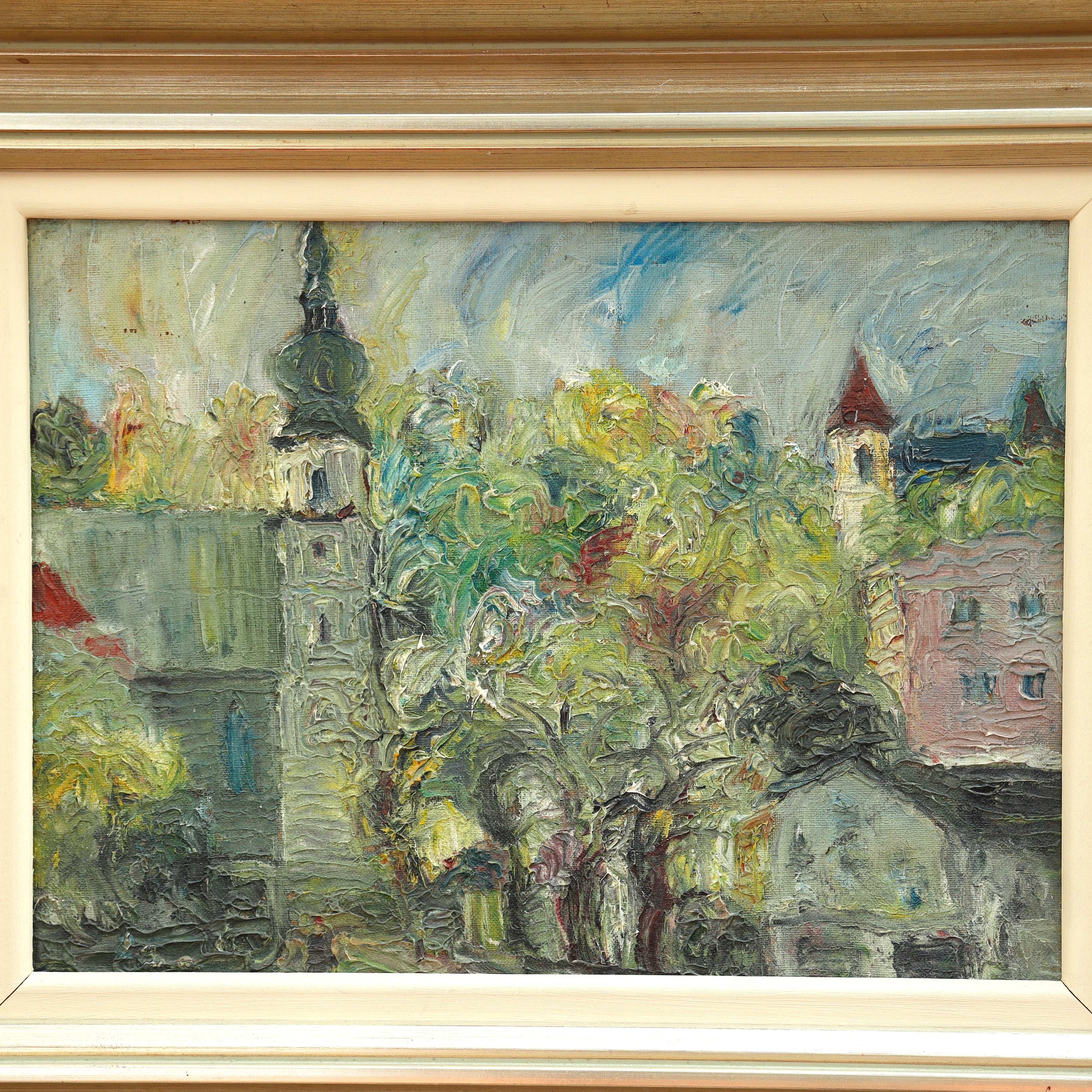 AW091: Georg Sliwka Impressionist European Village Oil on Board Painting Late 19th Century