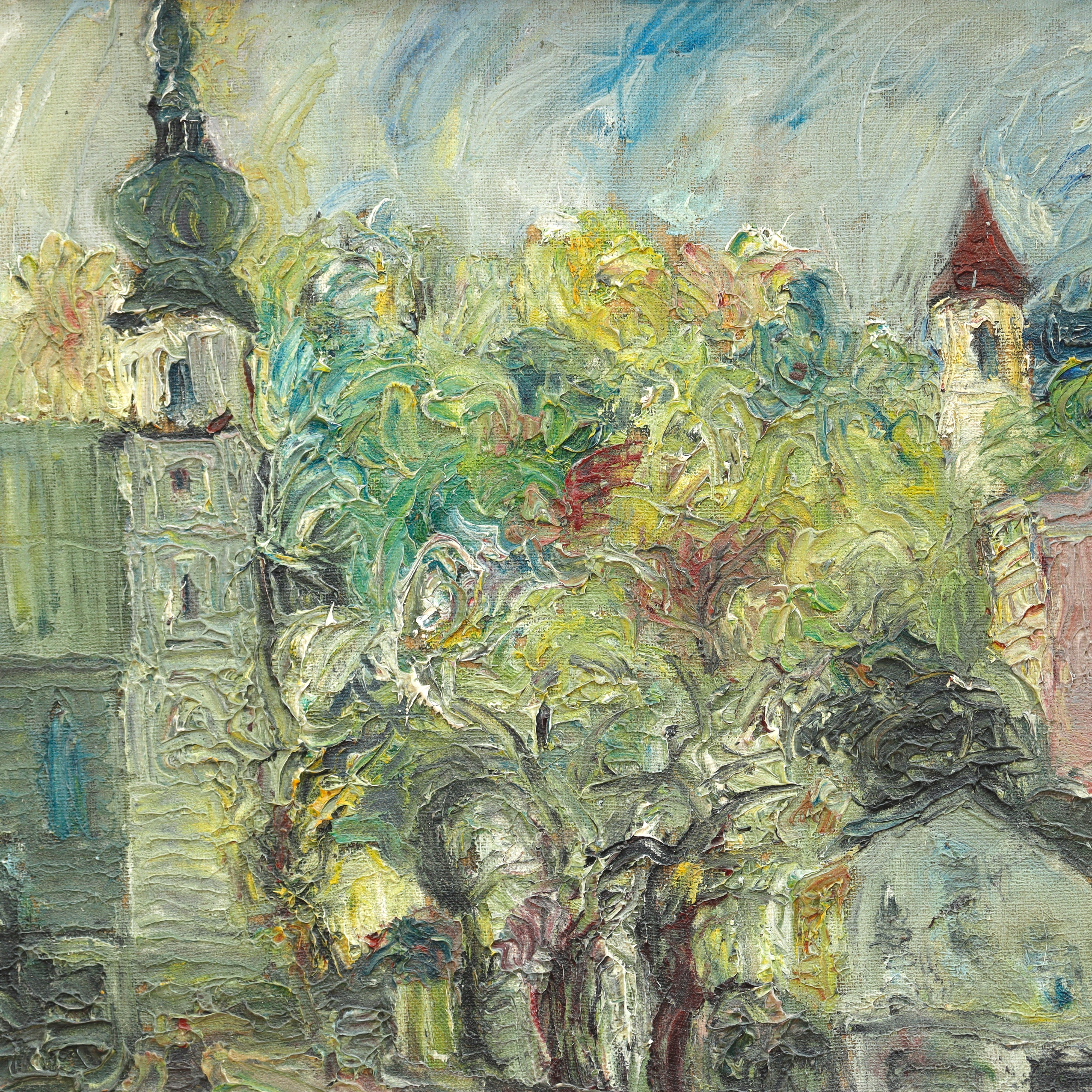 AW091: Georg Sliwka Impressionist European Village Oil on Board Painting Late 19th Century