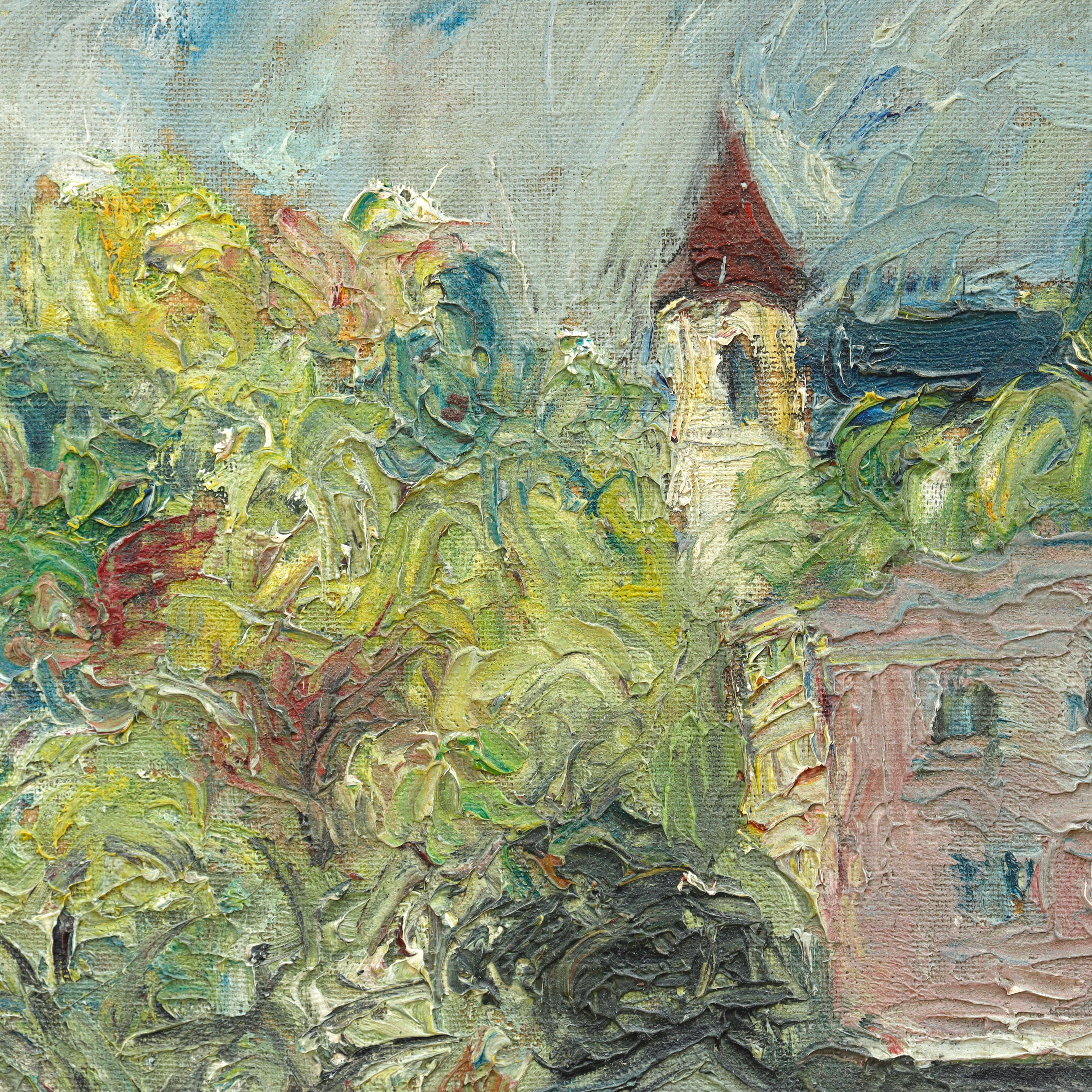 AW091: Georg Sliwka Impressionist European Village Oil on Board Painting Late 19th Century