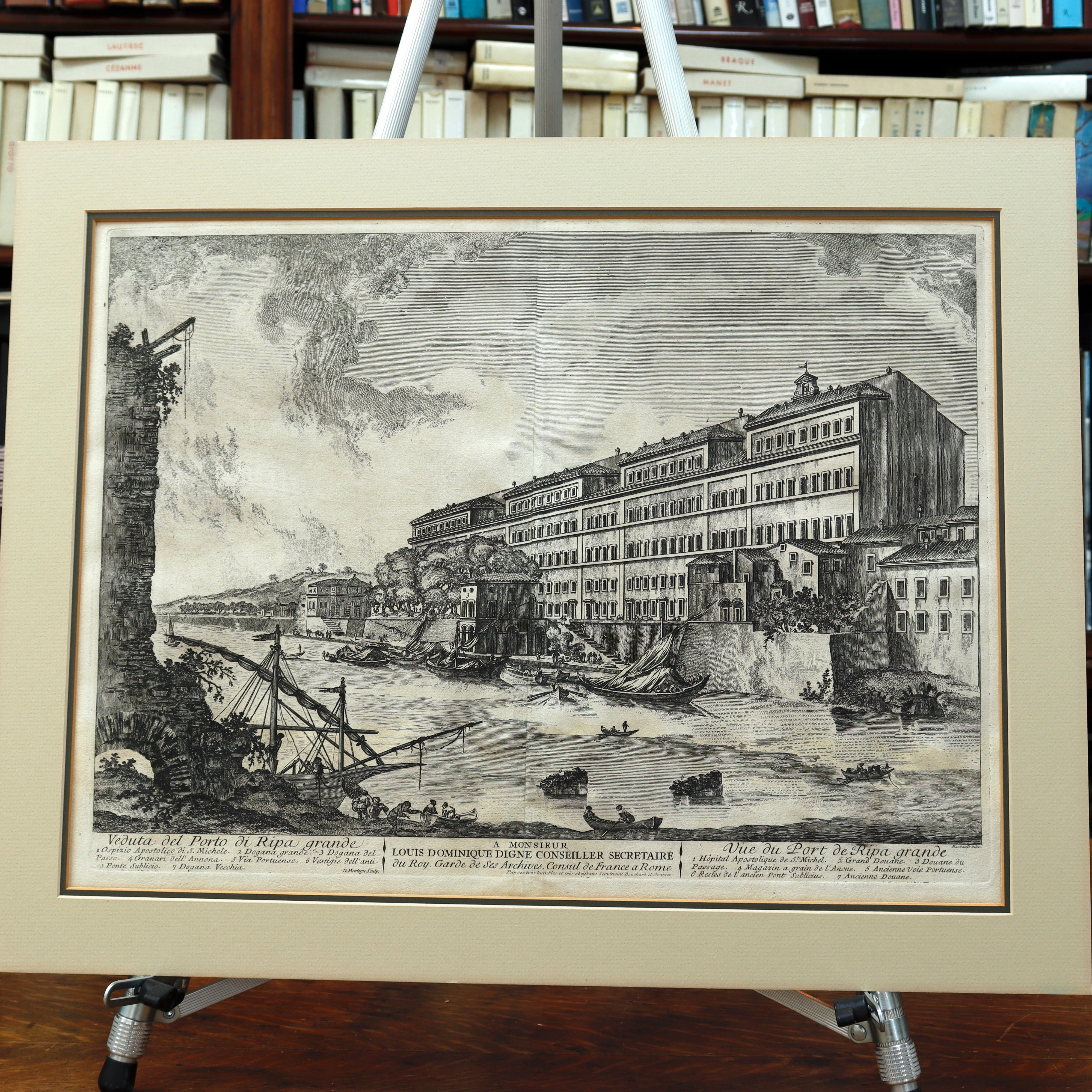 AW7-088: Jean Barbault Etching Views of Rome - Veduta del Porto di Ripa grande (View of the port of Ripa grande) Circa 1761