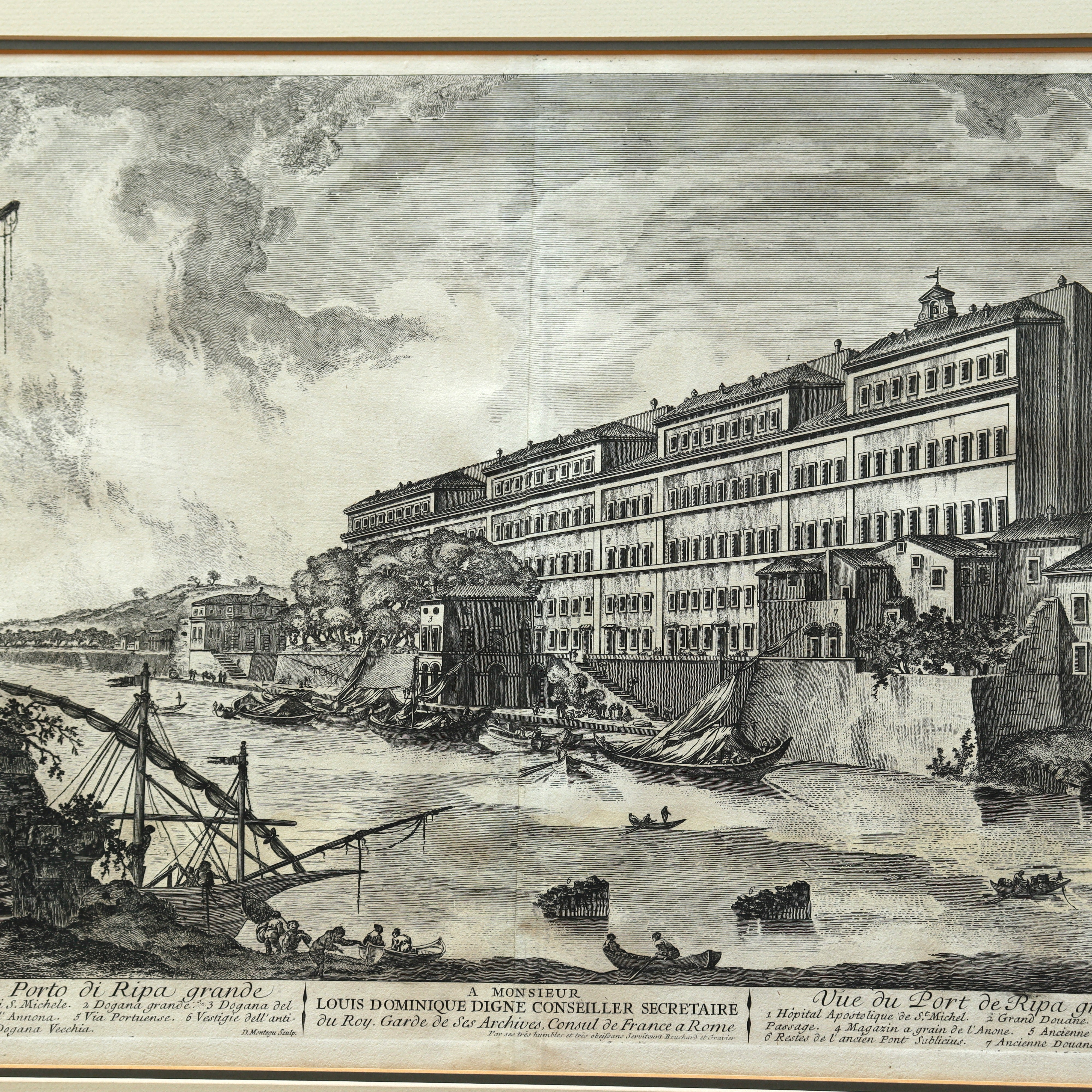 AW7-088: Jean Barbault Etching Views of Rome - Veduta del Porto di Ripa grande (View of the port of Ripa grande) Circa 1761