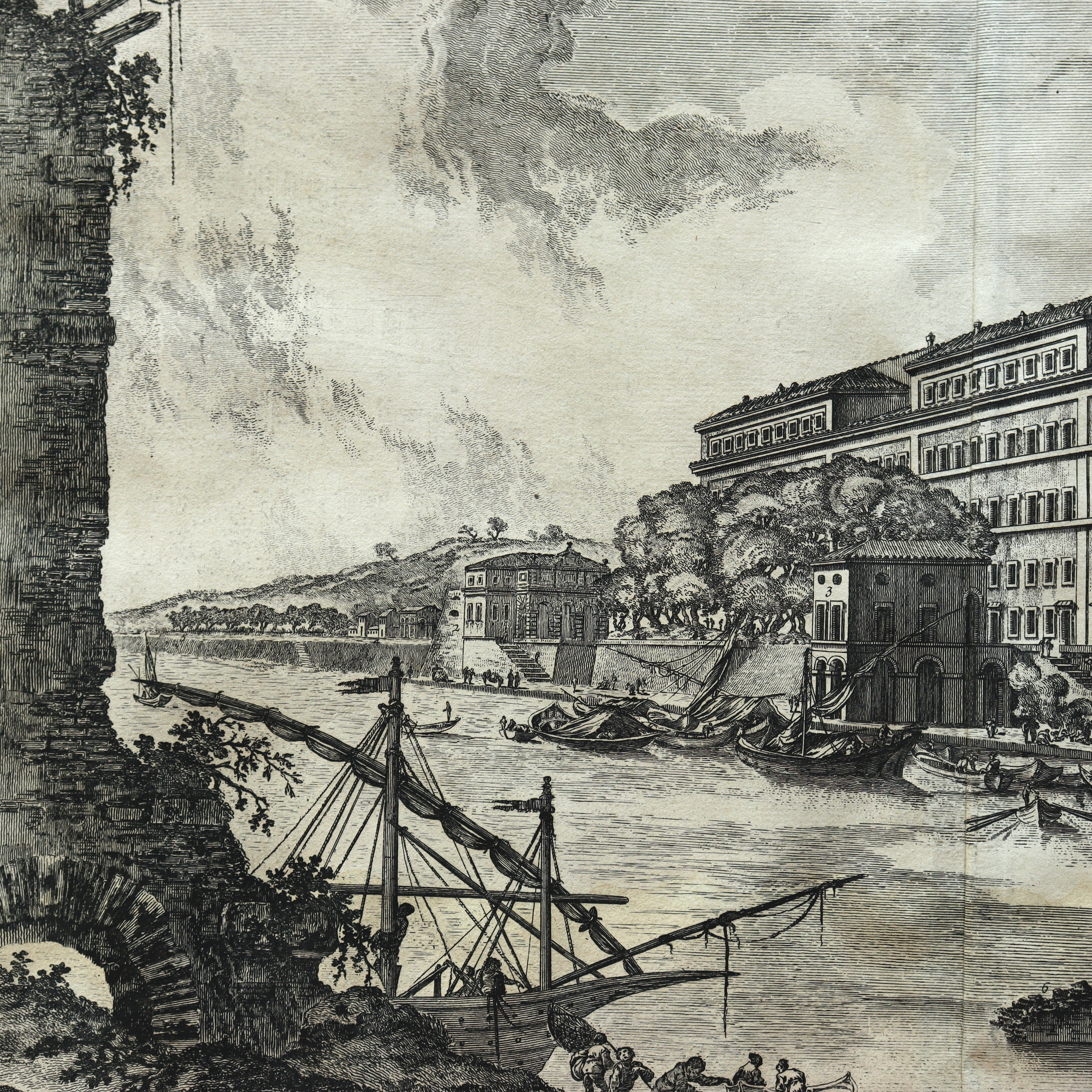 AW7-088: Jean Barbault Etching Views of Rome - Veduta del Porto di Ripa grande (View of the port of Ripa grande) Circa 1761