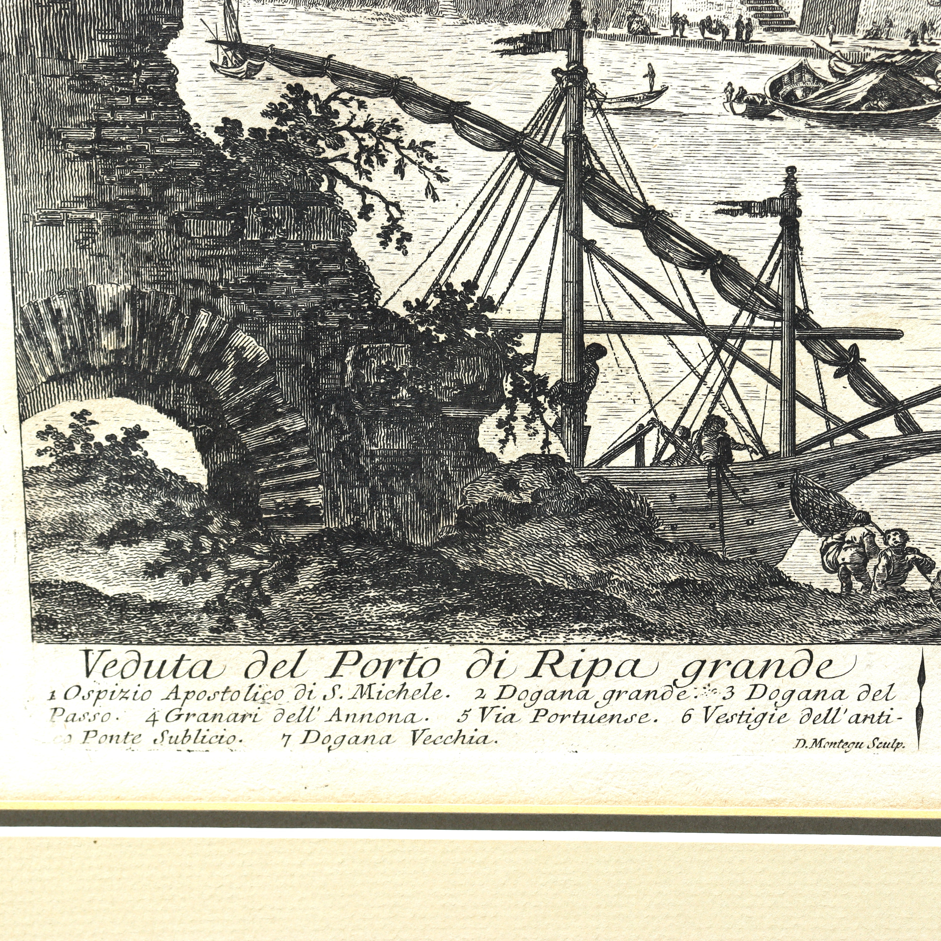 AW7-088: Jean Barbault Etching Views of Rome - Veduta del Porto di Ripa grande (View of the port of Ripa grande) Circa 1761