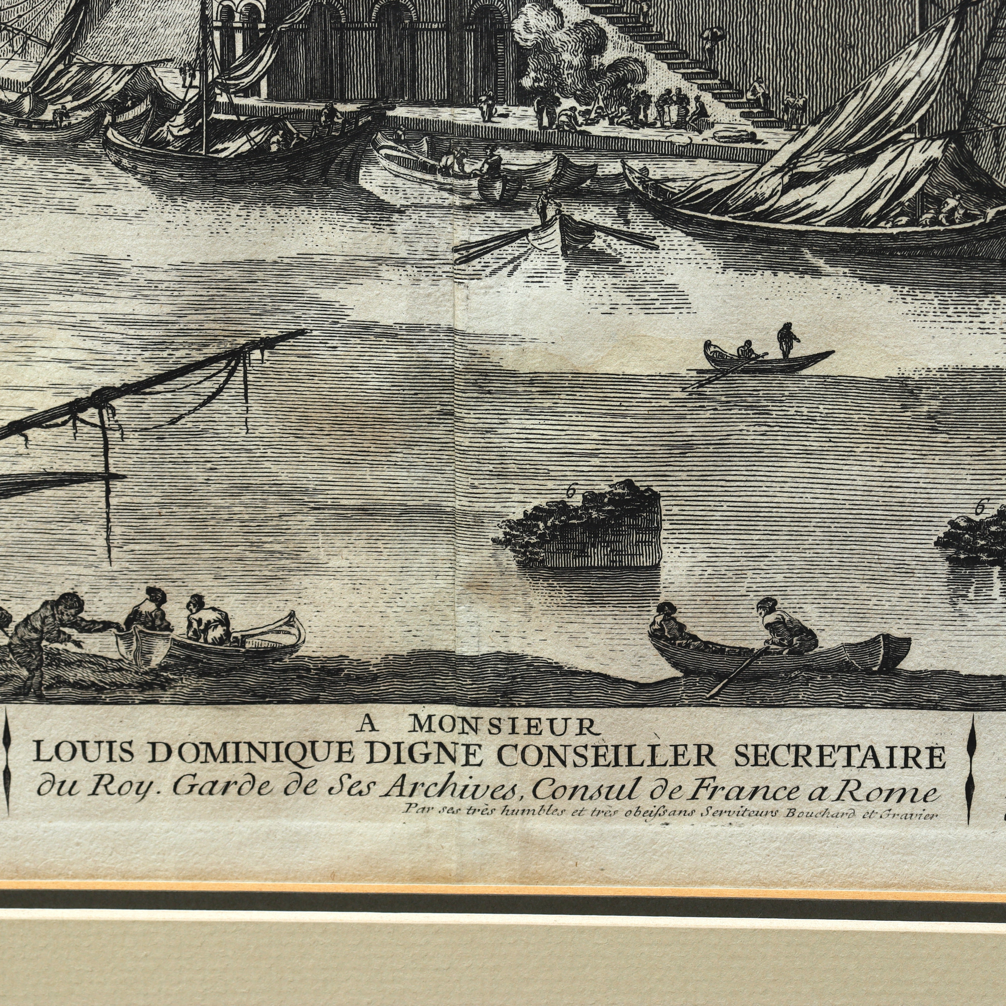 AW7-088: Jean Barbault Etching Views of Rome - Veduta del Porto di Ripa grande (View of the port of Ripa grande) Circa 1761