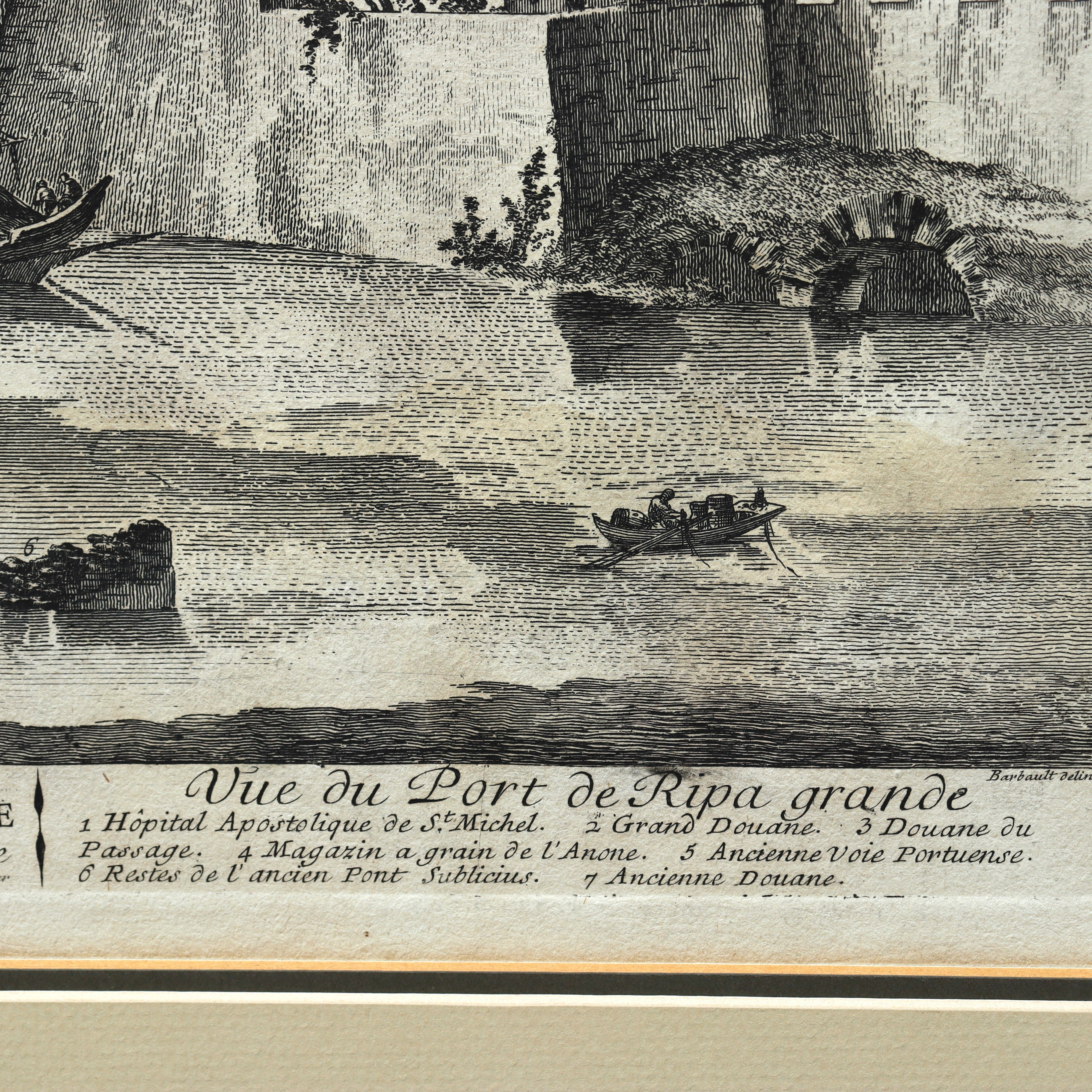 AW7-088: Jean Barbault Etching Views of Rome - Veduta del Porto di Ripa grande (View of the port of Ripa grande) Circa 1761