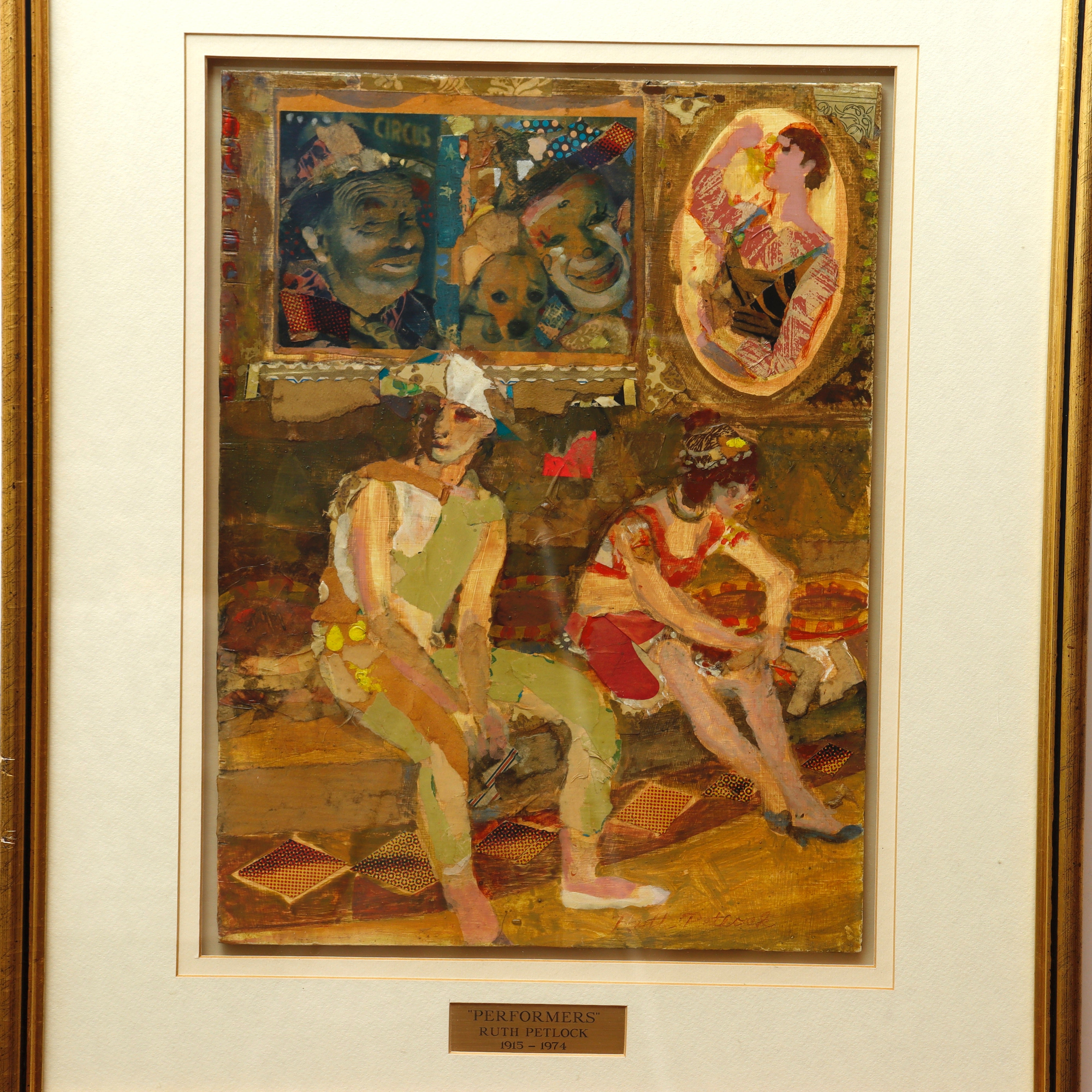 AW13-019: Ruth Petlock "Performers" Mid Century Modern Oil Collage Mixed Media Painting