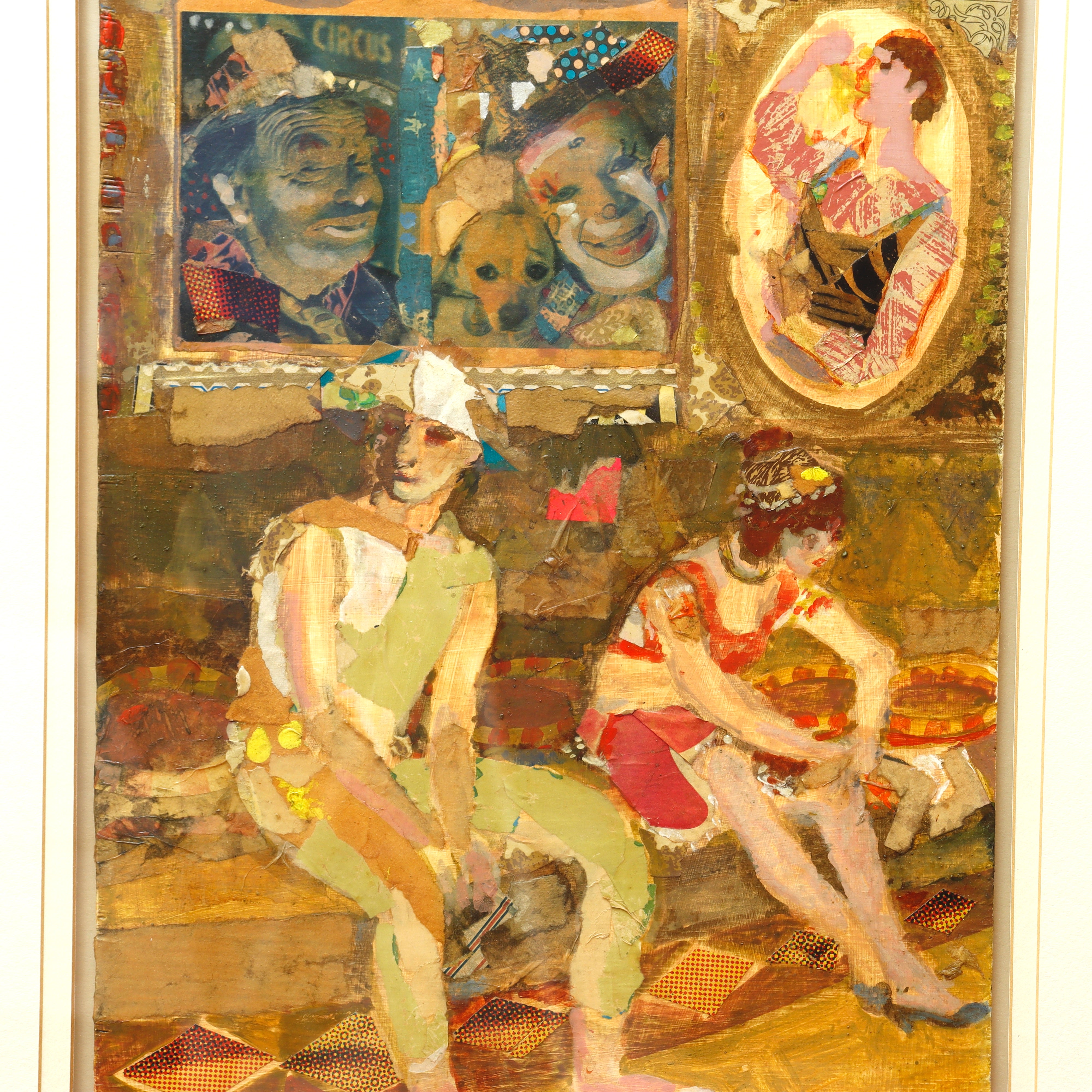 AW13-019: Ruth Petlock "Performers" Mid Century Modern Oil Collage Mixed Media Painting