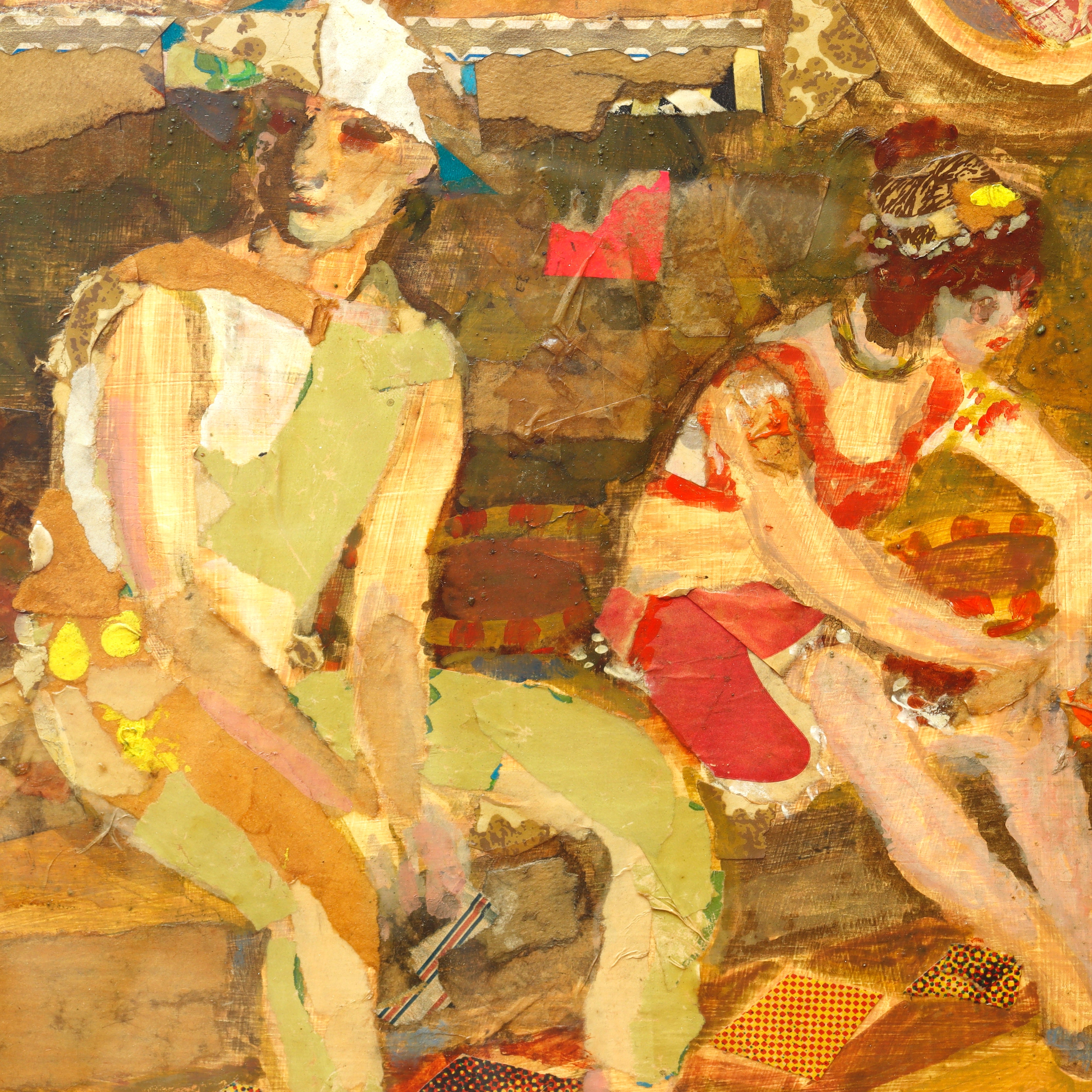 AW13-019: Ruth Petlock "Performers" Mid Century Modern Oil Collage Mixed Media Painting