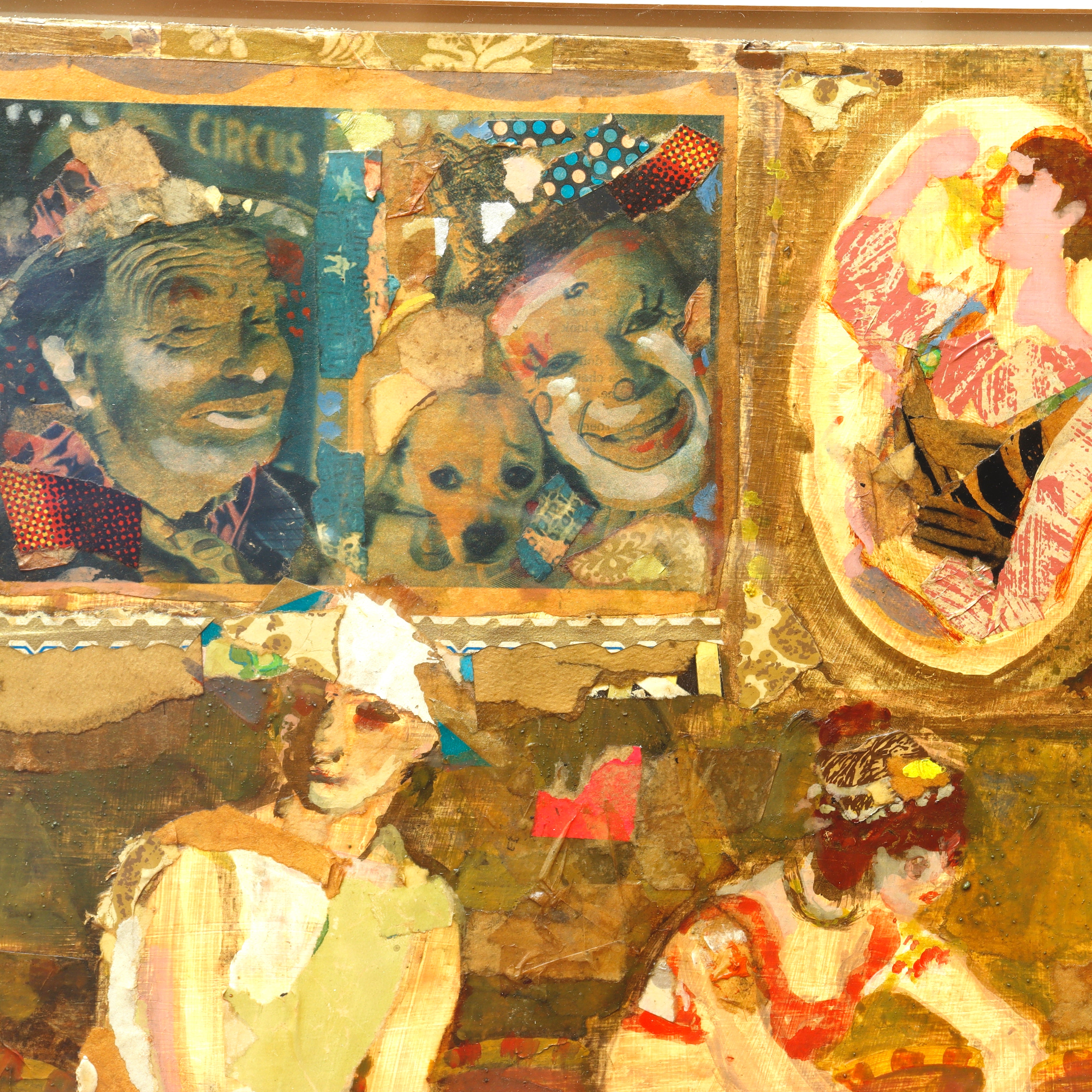 AW13-019: Ruth Petlock "Performers" Mid Century Modern Oil Collage Mixed Media Painting