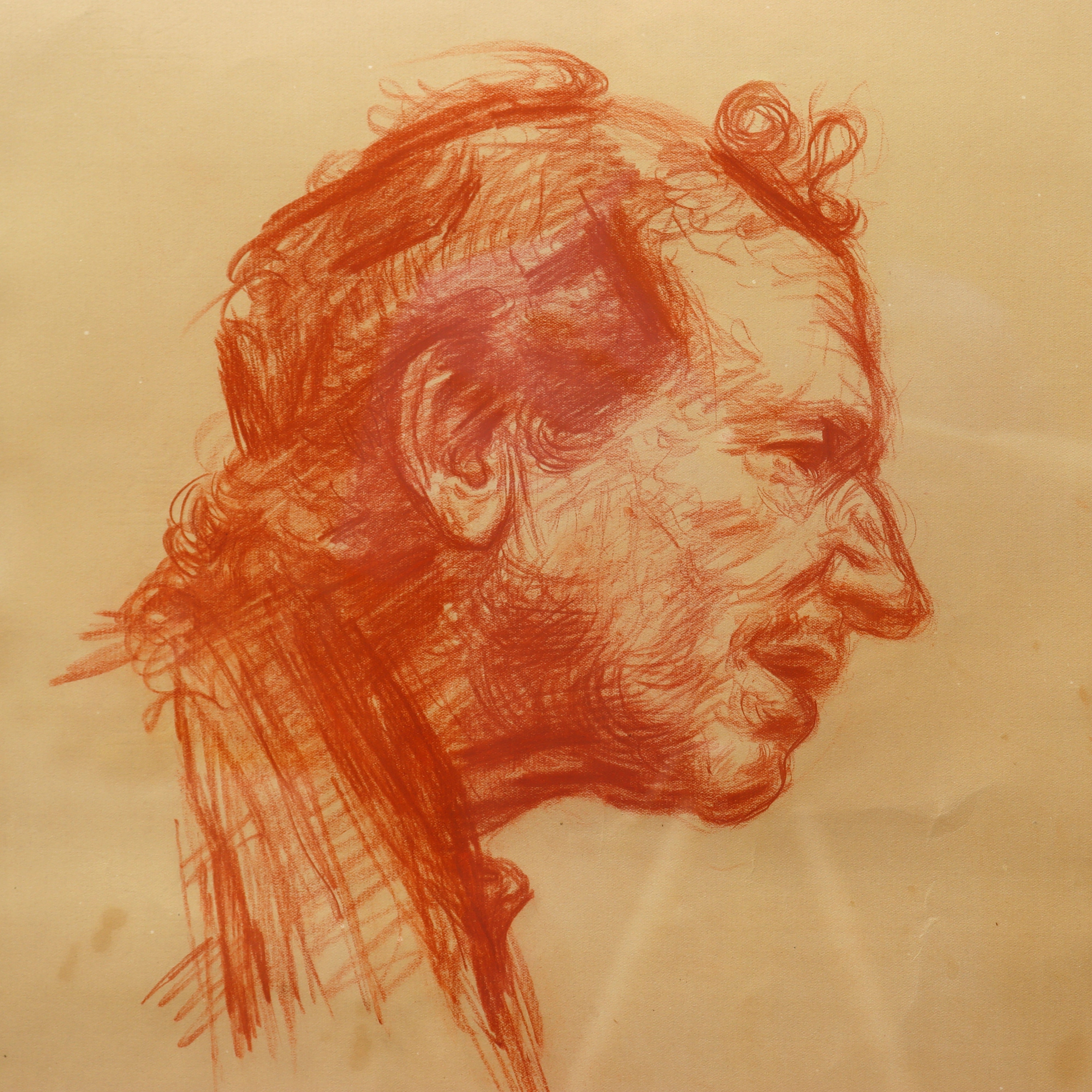 AW5-020: Myer Abel "Head of Man" Red Charcoal Drawing Early 20th Century