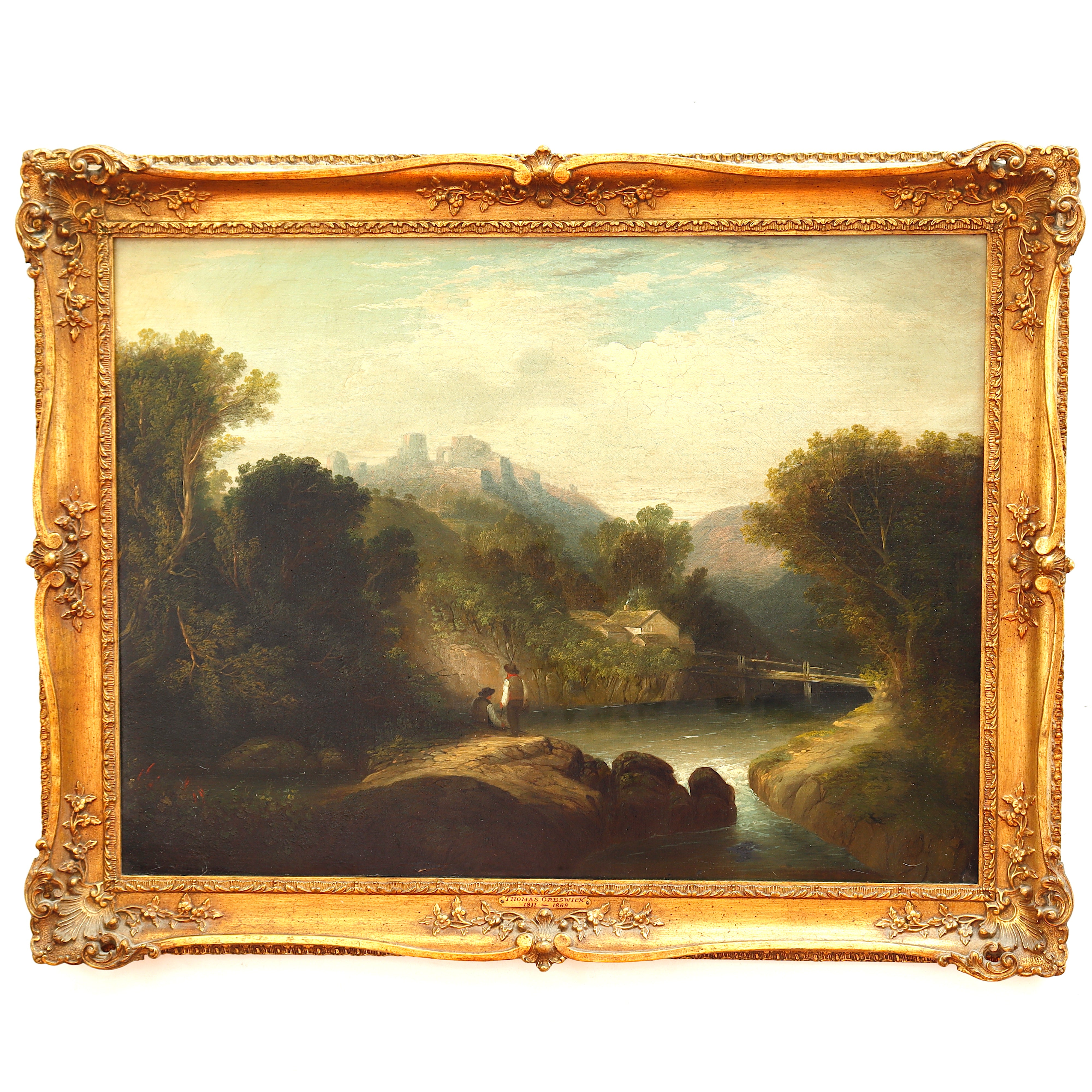 :AW174: Thomas Creswick English Landscape with Distant Ruins Oil on Canvas Painting