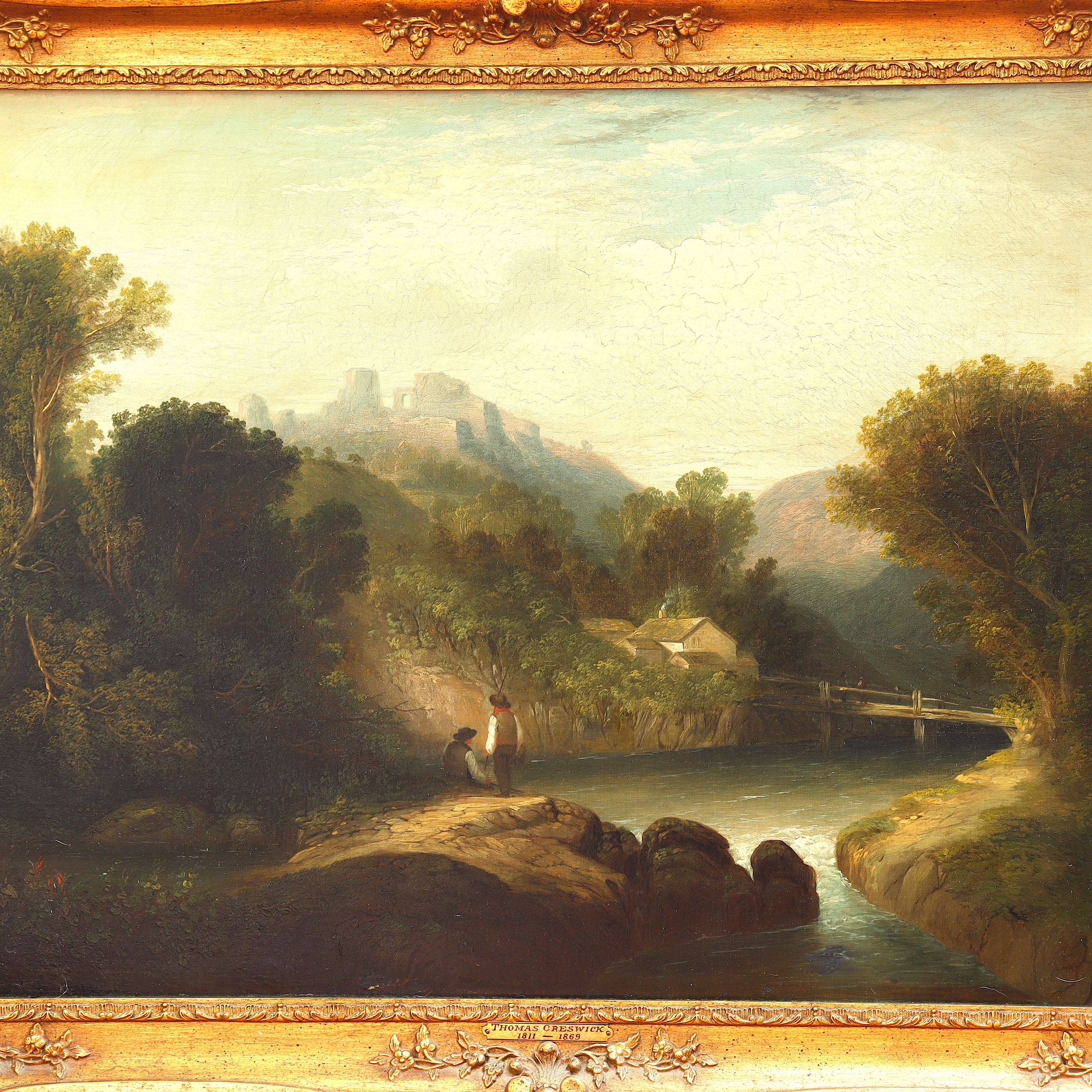 :AW174: Thomas Creswick English Landscape with Distant Ruins Oil on Canvas Painting