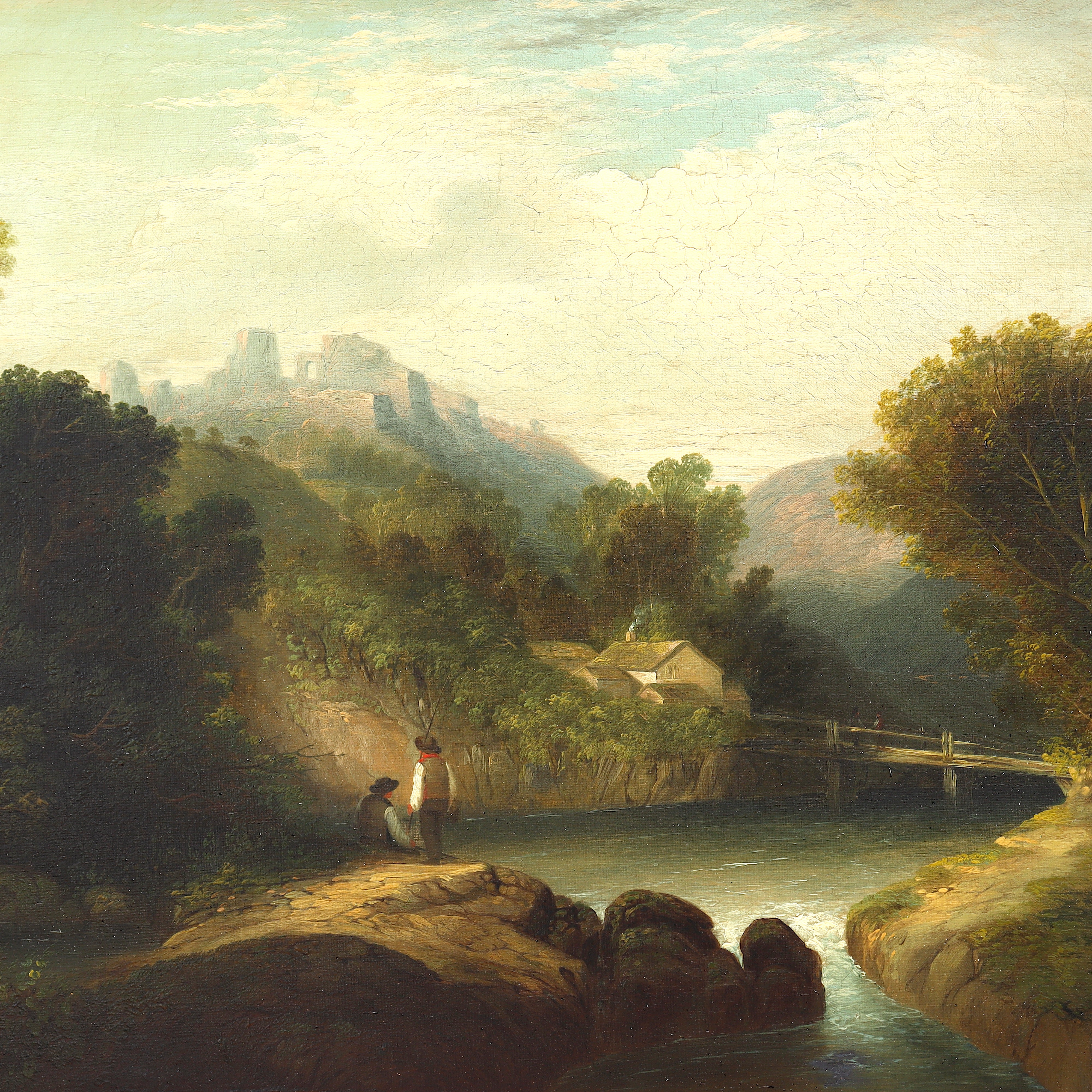 :AW174: Thomas Creswick English Landscape with Distant Ruins Oil on Canvas Painting