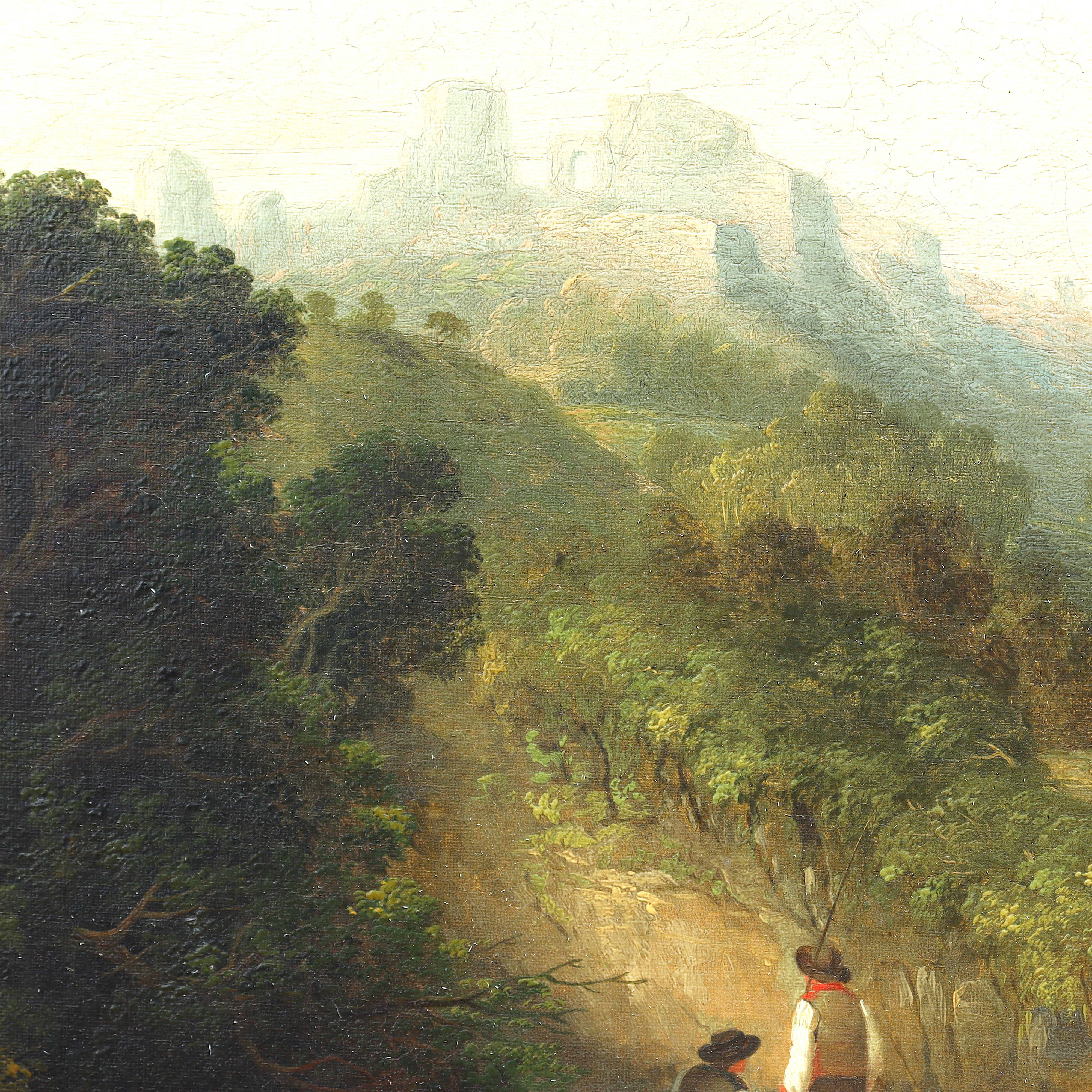 :AW174: Thomas Creswick English Landscape with Distant Ruins Oil on Canvas Painting