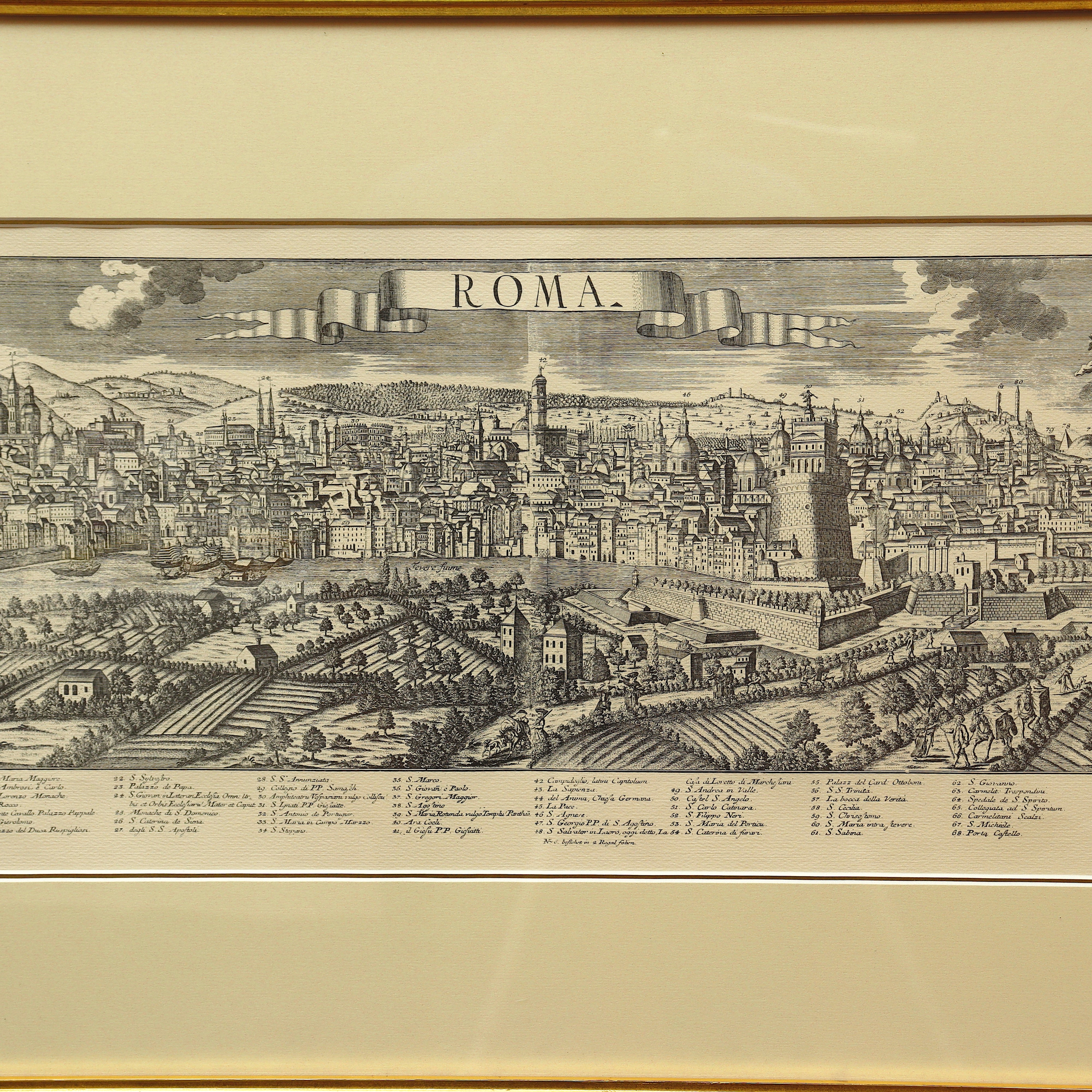 AW7-046: Georg Balthasar Probst ROMA Panoramic Engraving of Rome Title After Friedrich Bernhard Werner