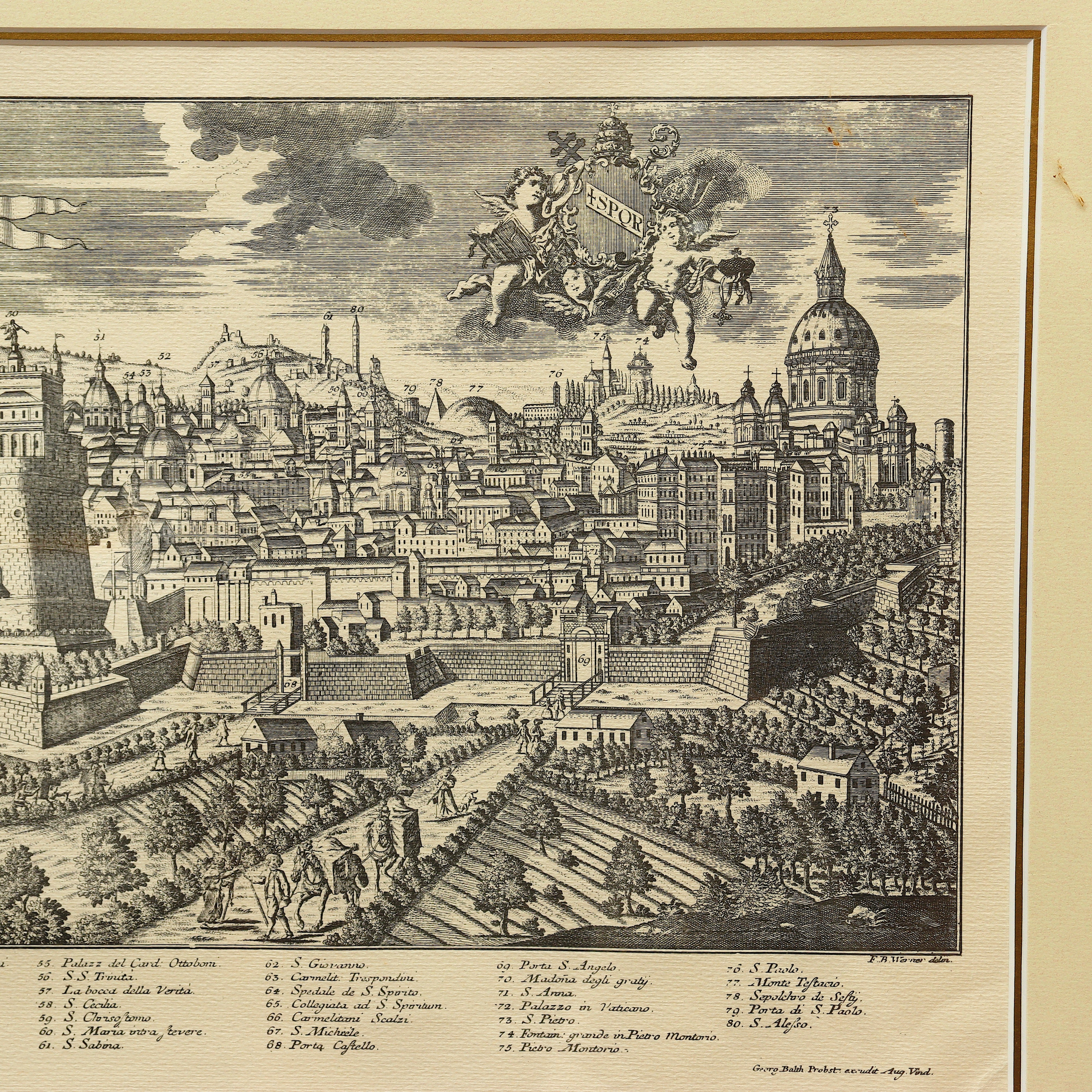 AW7-046: Georg Balthasar Probst ROMA Panoramic Engraving of Rome Title After Friedrich Bernhard Werner