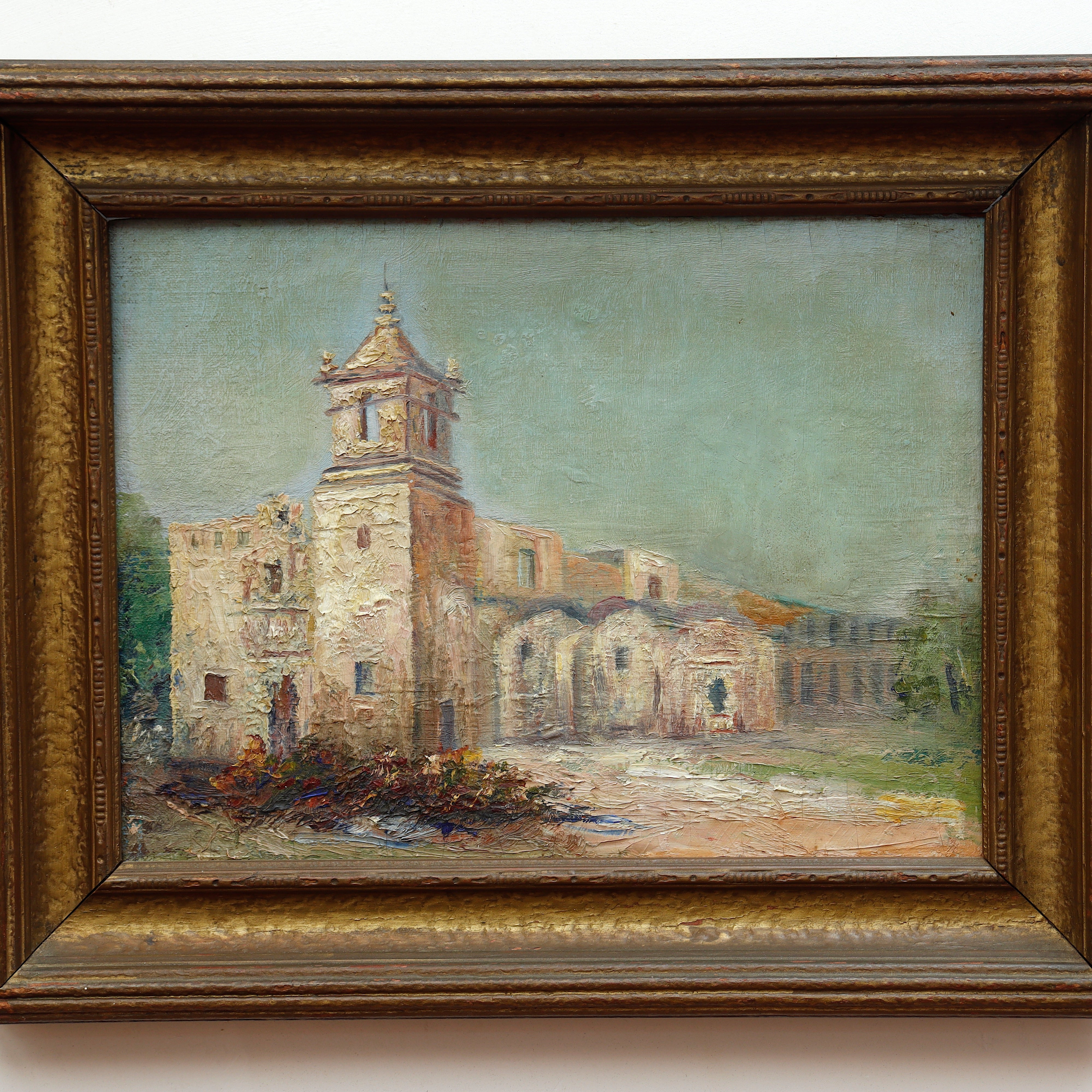 AW043: Alexa JT Smith Oil on Canvas Painting of San Antonio Texas Mission Early 20th Century